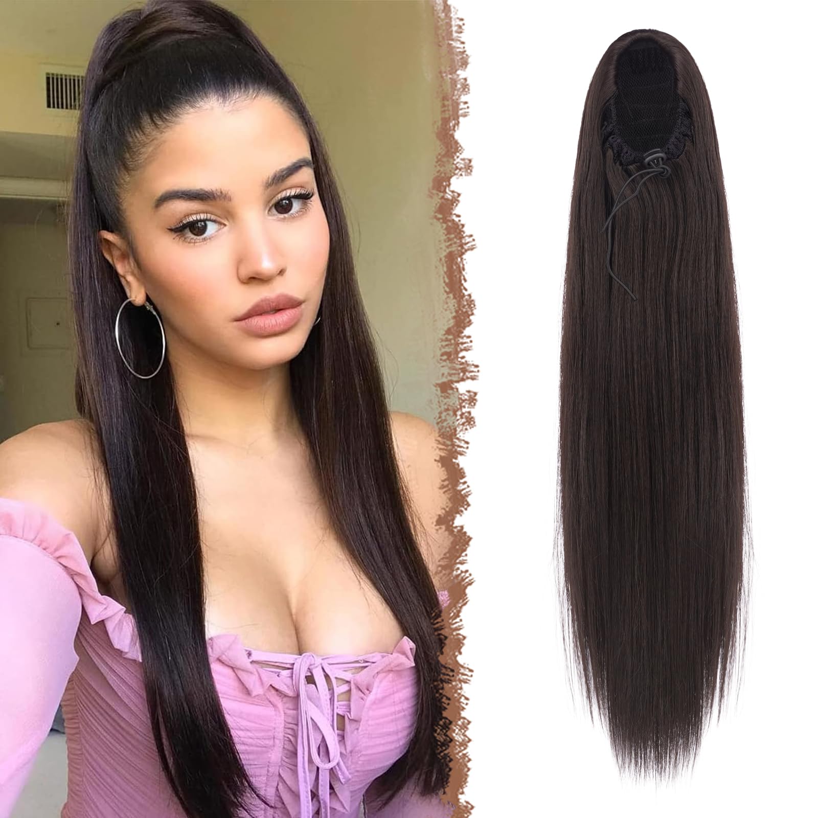 FESHFEN Coulisse Coda di Cavallo Extension, 70 cm Ponytail Extension Coda Capelli Lisci Lungo Coulisse Estensione dei Capelli Castano Scuro Sintetica Coda Capelli Extension