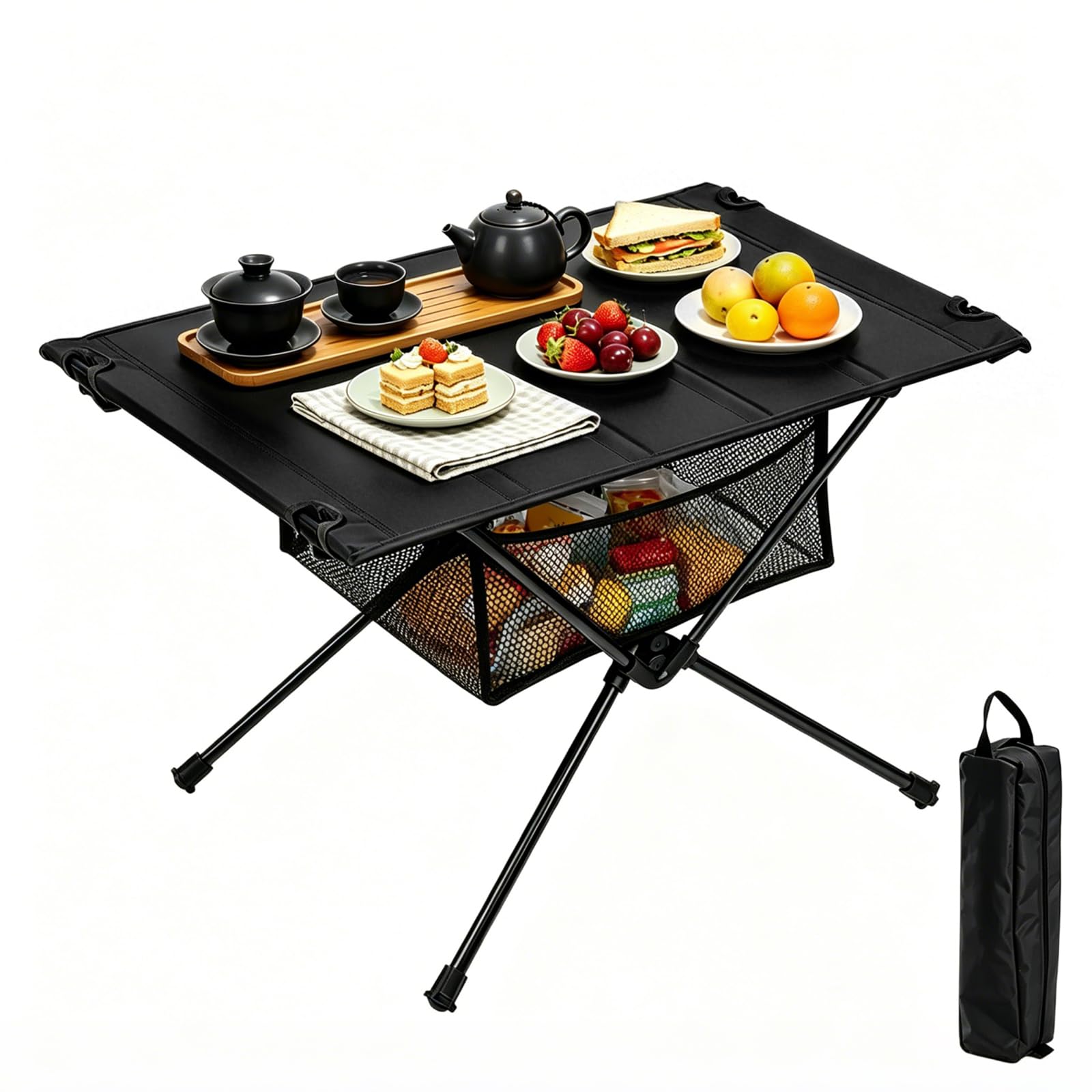 Gohytal Table pliante portable en aluminium avec sac de transport et sac en filet, table d'extérieur pliable pour camping, pique-nique, cuisine, jardin, randonnée, voyage (noir)