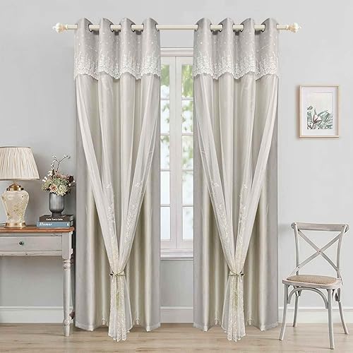 Miniatura 3 de AiFMQQ Cortina europea de doble capa con cenefa de encaje para sala de estar, dormitorio, ojales en la parte superior, elegante bordado de encaje