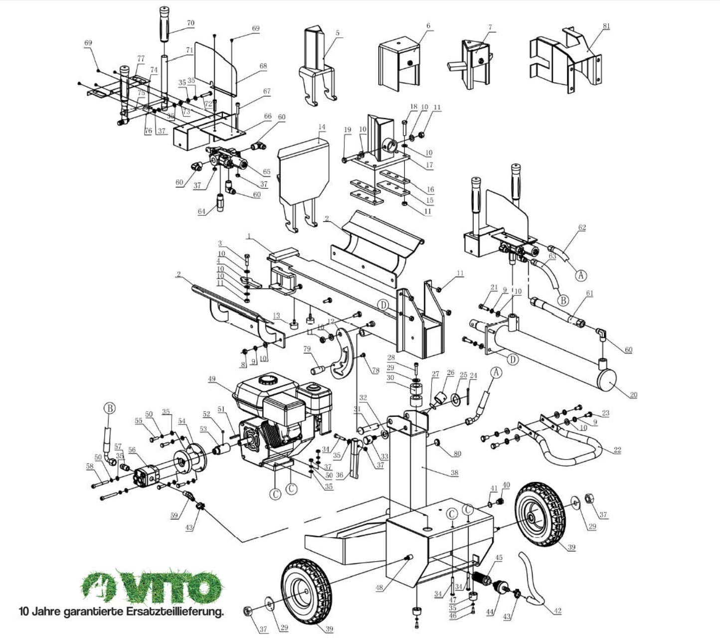 VITO - Fendeuse de Bûches Thermique 12 Tonnes 7 CV 5,2 kW Moteur Essence 208 cm³ Coupe Max 52 cm 3 Positions de Fente Usage Intensif Autonomie 2h30 Professionnel