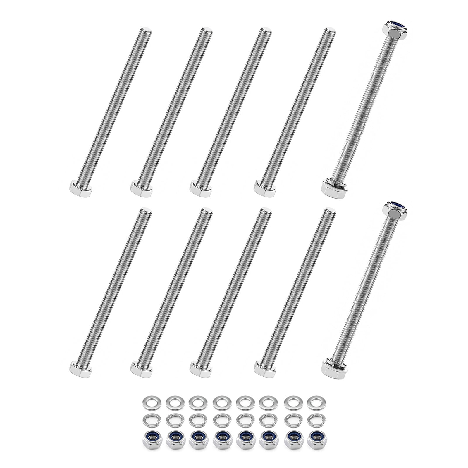 10-Pack M8 x 110mm 304 Stainless Steel Hex Head Bolts with Nylon Nuts and Flat Washers, Fully Threaded DIN 933 Metric Bolt Kit for Construction, Automotive, Furniture, Machinery & 3D Printing