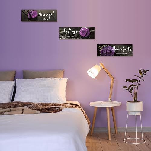 Miniatura 5 de ZINYAZHE 3 piezas de decoración de pared morada, decoración de baño morada, decoración de pared de rosa de madera con citas de aceptar dejar ir
