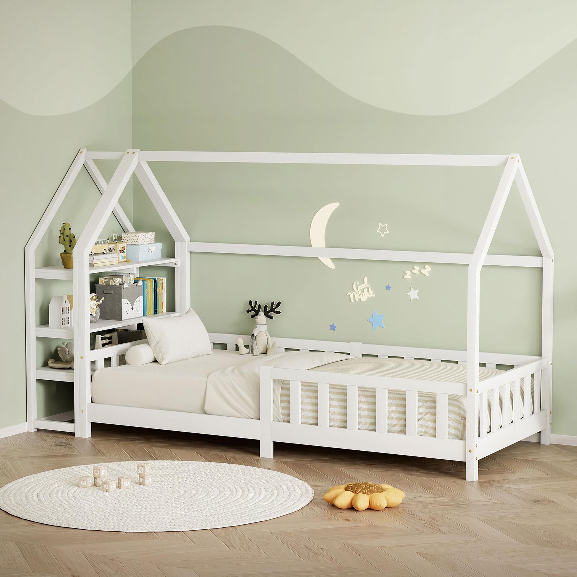 ML-Design Kinderbett Hausbett 90x200 cm mit Rausfallschutz, Regal, Dach & Lattenrost, Weiß, Kiefernholz, Montessori Bodenbett, Holzbett
