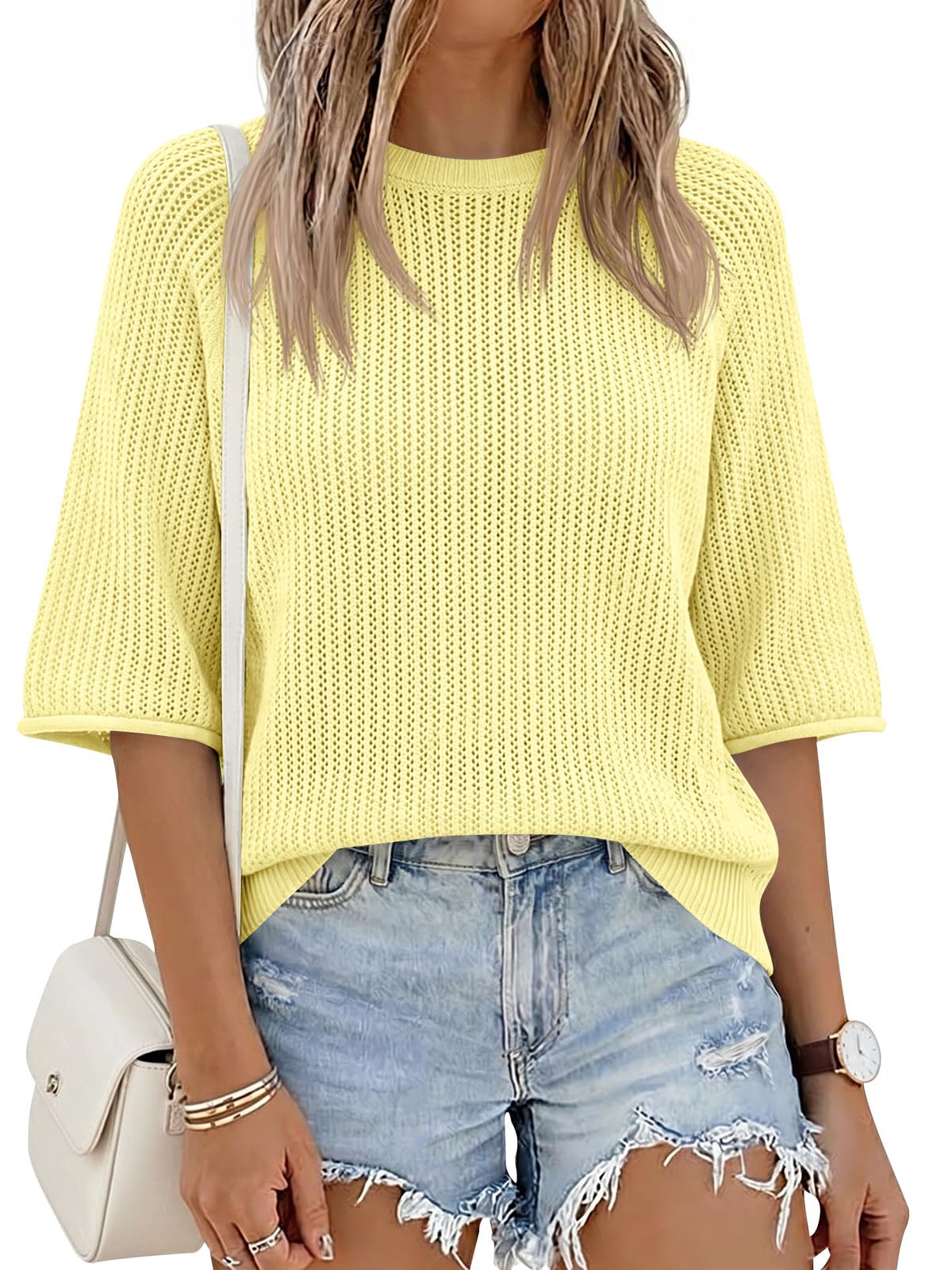 saodimallsu Womens Short Sleeve Sweaters Crochet Knit Casual Crew Neck Lightweight Summer Trendy Sweater Tops-picture-27