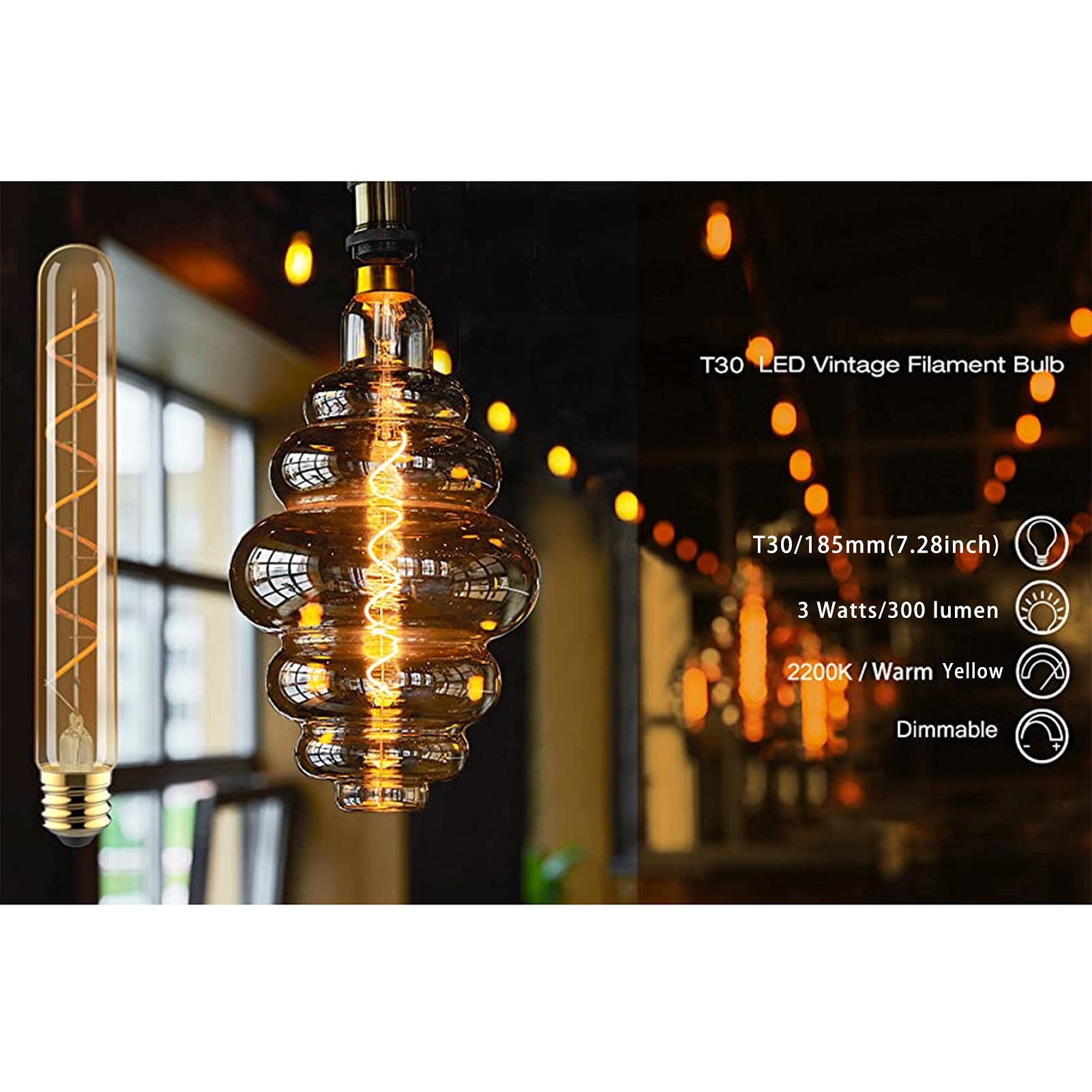 Lampadine tubolari a LED T30 3W equivalenti a 30W, 2200k Giallo caldo 300 lumen Lampadine Edison con filamento a spirale dimmerabili, base standard in vetro ambrato