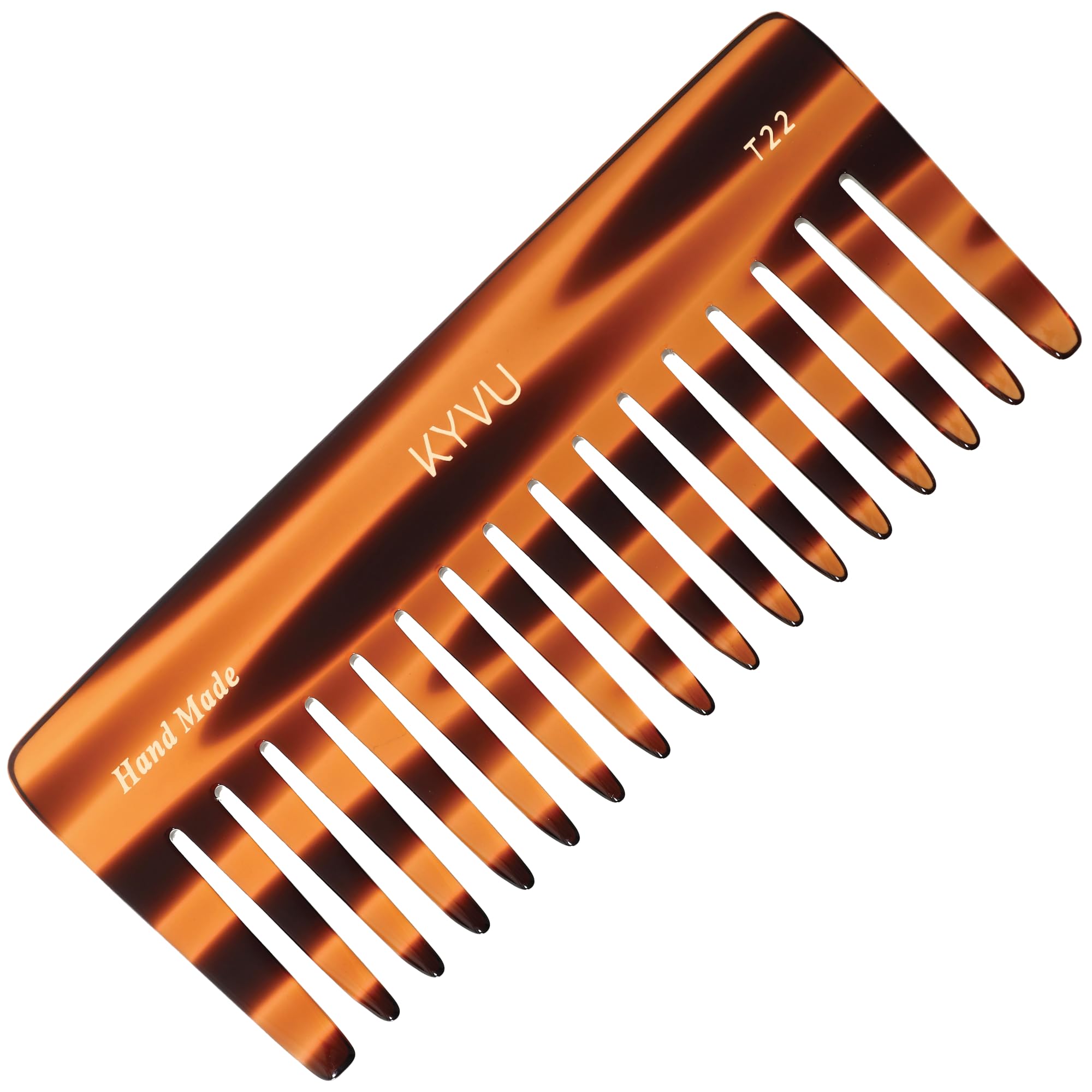 KYVU T22 Wide-Tooth Detangling Comb - Handmade Cellulose Acetate Hair Comb for Wet or Dry Hair - 15.6 cm - Tortoiseshell Finish