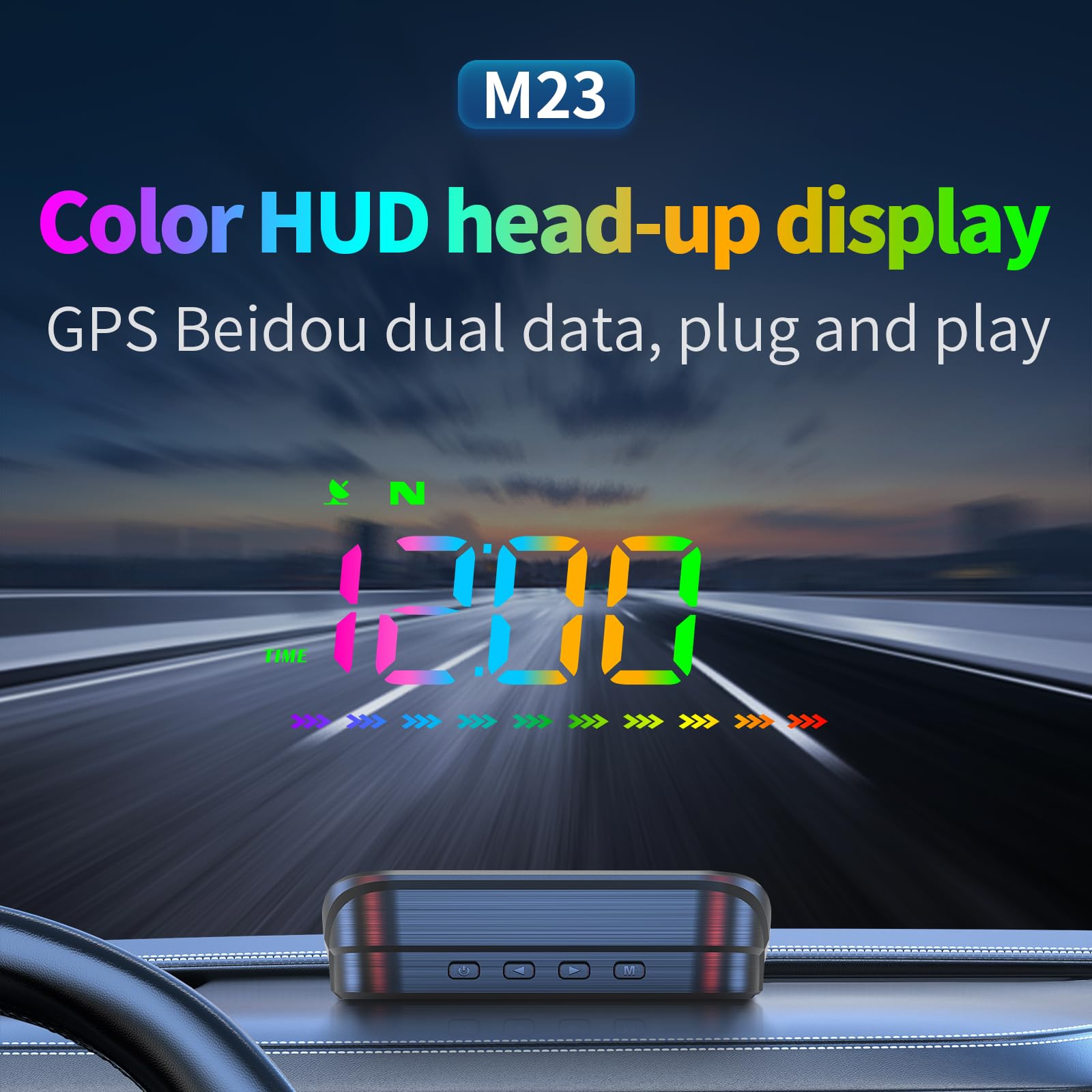 Yaouzicn Head Up Display,Car Heads Up Display, GPS Speedometer M23s, Color Font with Speed MPH, Compass Direction, Distance Traveled, Travel Time, Speed Alert and HD Display, USB Cable Plug and Play