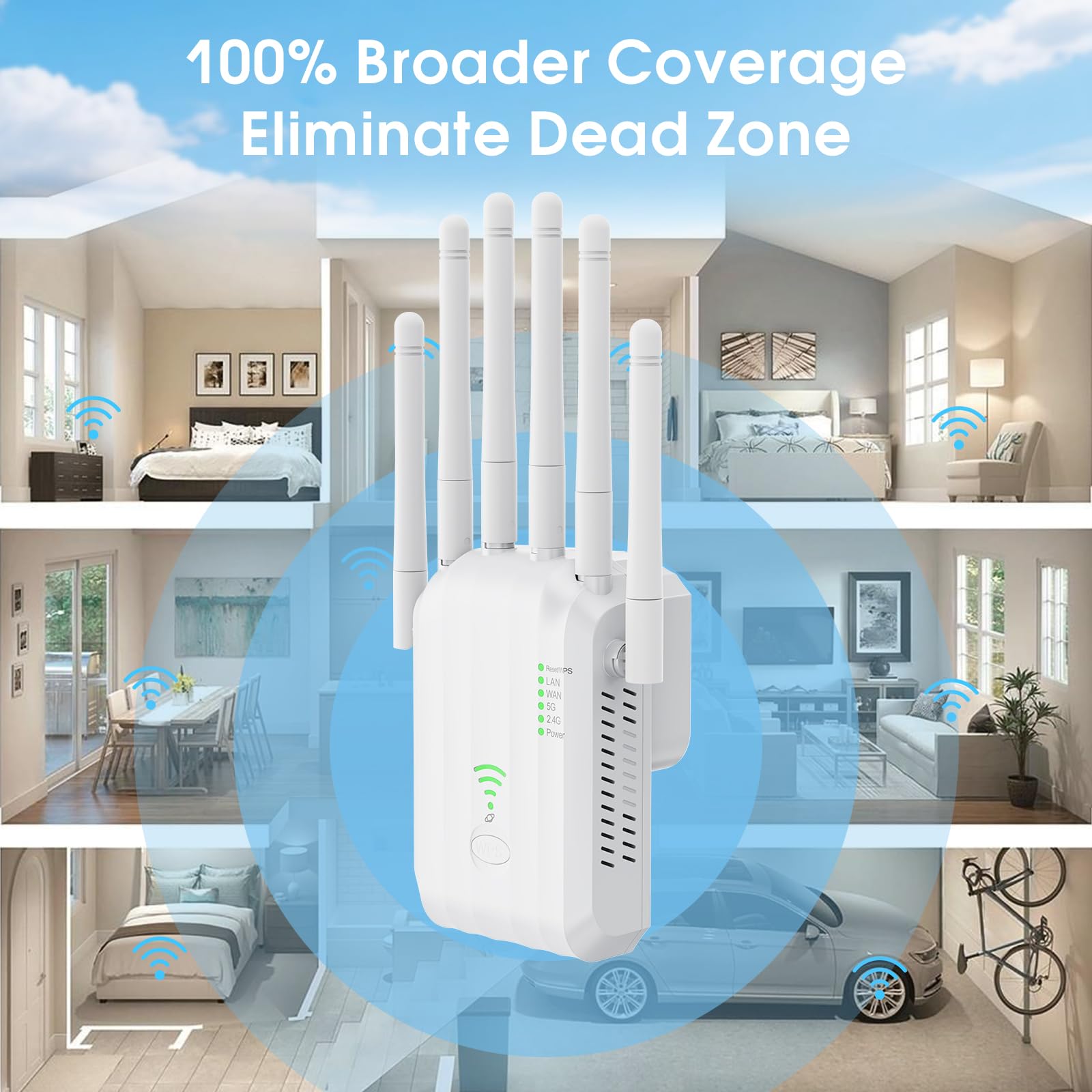 WiFi 6 Extender, AX1900 Dual Band WiFi Booster with 6 High-Gain Antennas, Covers Up to 12000 Sq.Ft for 105+ Devices. Features Gigabit Ethernet Port & Easy Setup for Seamless Whole Home Mesh WiFi — view 3