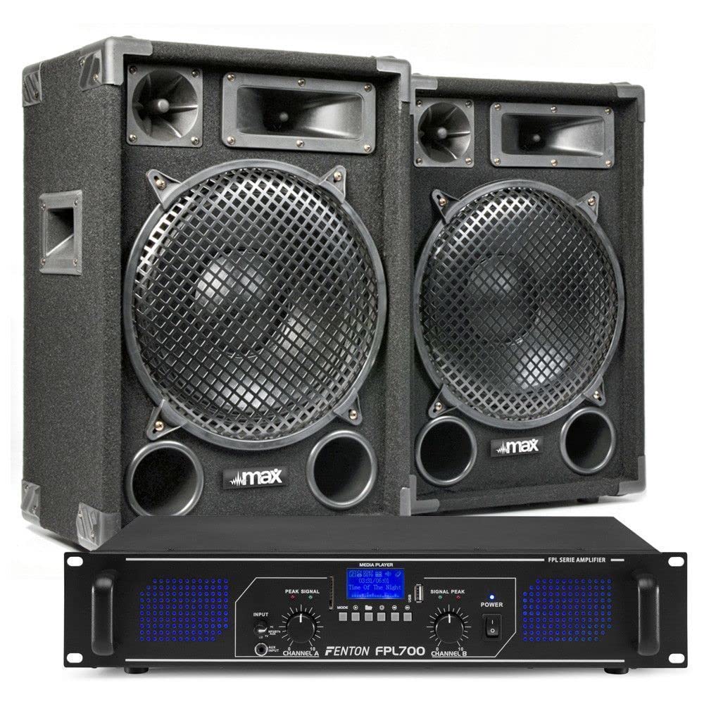 MAX12 - DJ Starter Kit - DJ Boxen Set 1400 Watt inklusive Verstärker mit Bluetooth, MP3, USB, MAX12 Bundle 2 Lautsprecher mit Verstärker, PA-Anlage Komplett Set