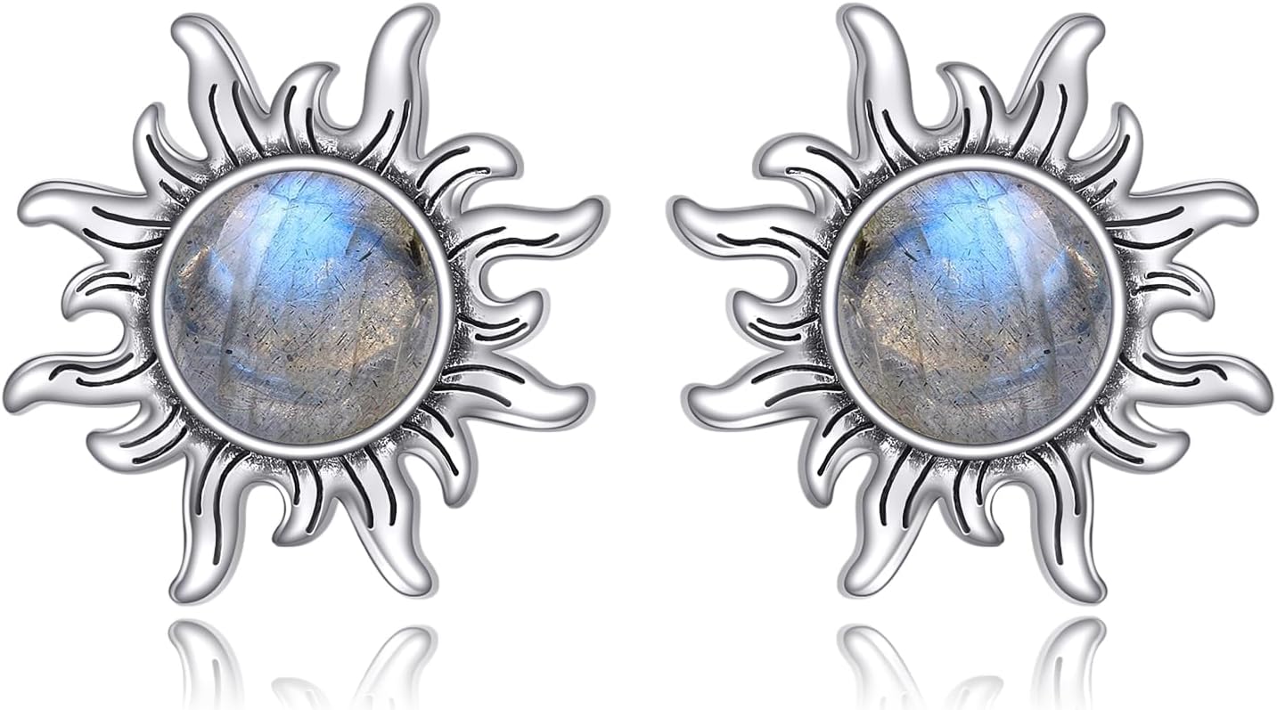 KZX Sun Earrings for Women S925 Sterling Silver Amber/Lapis Lazuli/Malachite/LabradoriteSun Dangle Drop Jewelry Gift for Mother Wife