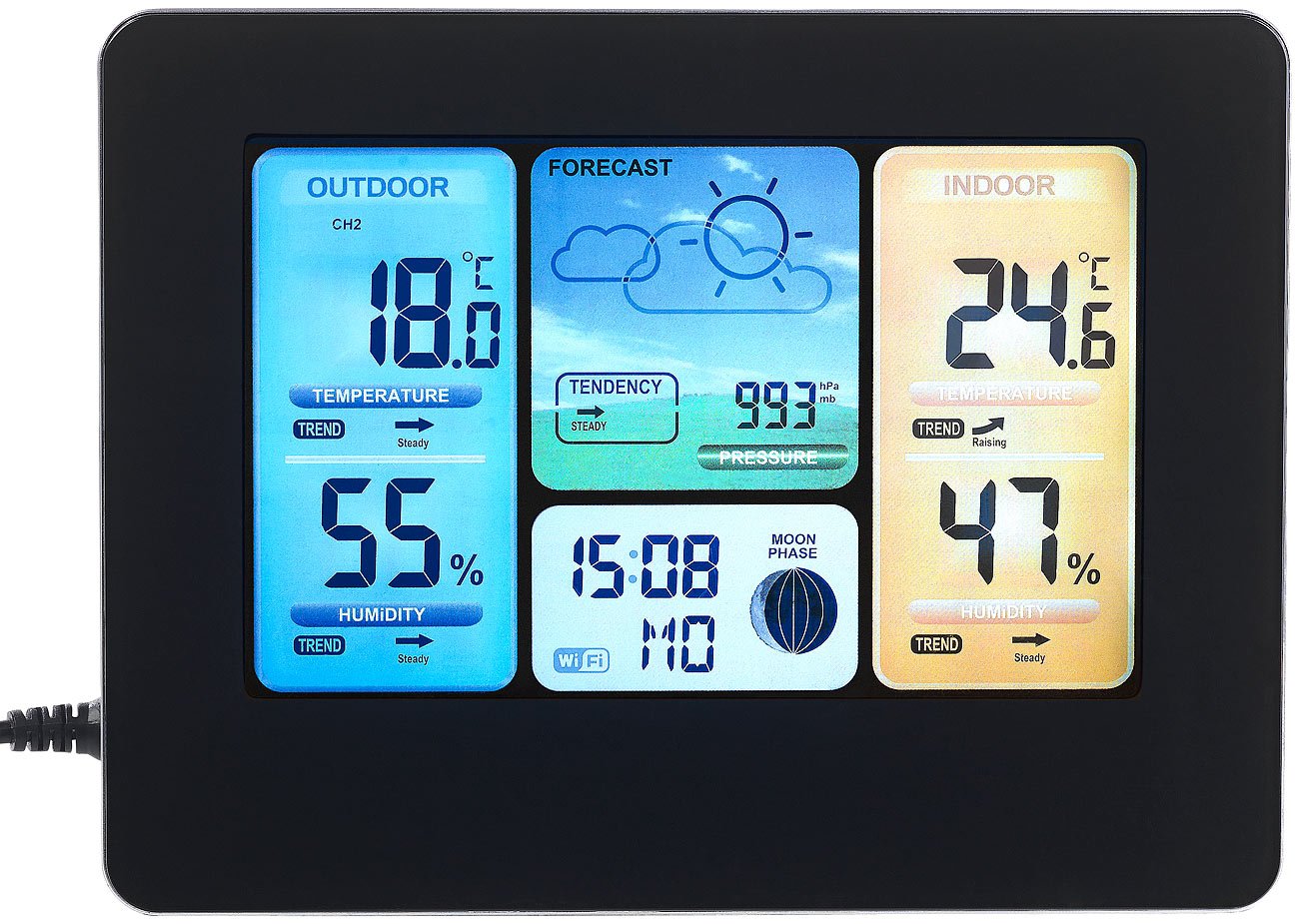 infactory Wetterstation WiFi: WLAN-Funk-Wetterstation mit Außensensor, Farbdisplay, Uhr & Gratis-App (großes Display, Funk großes Display, Farbe)
