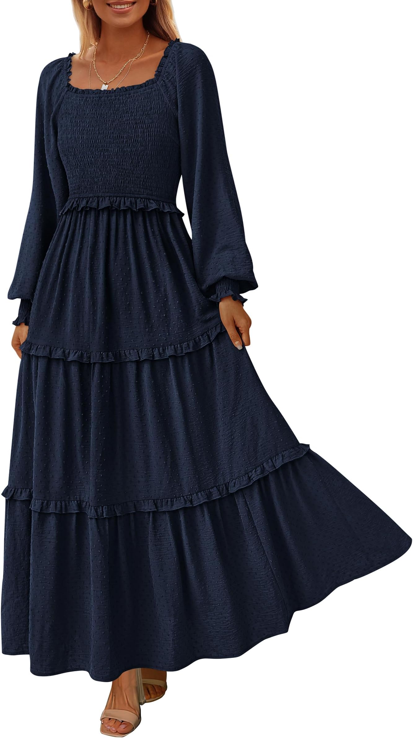 Fall Dresses for Women 2026 Long Sleeve Smocked Square Neck Swiss Dot Tiered Flowy Wedding Guest Maxi Dress