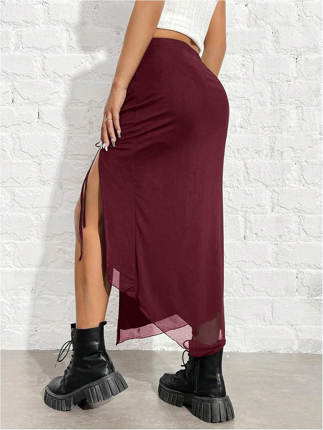 SHENHE Women's High Slit Skirt Asymmetrical Mesh High Waisted Ruched Summer Long Skirts for Women