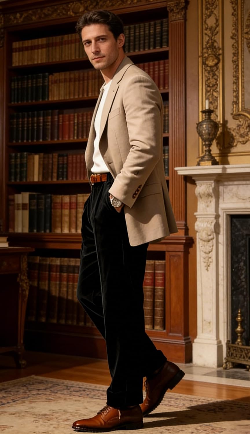 Men's Velvet Pants Dress Pant with Pockets Long Trousers Casual Formal Autumn Winter