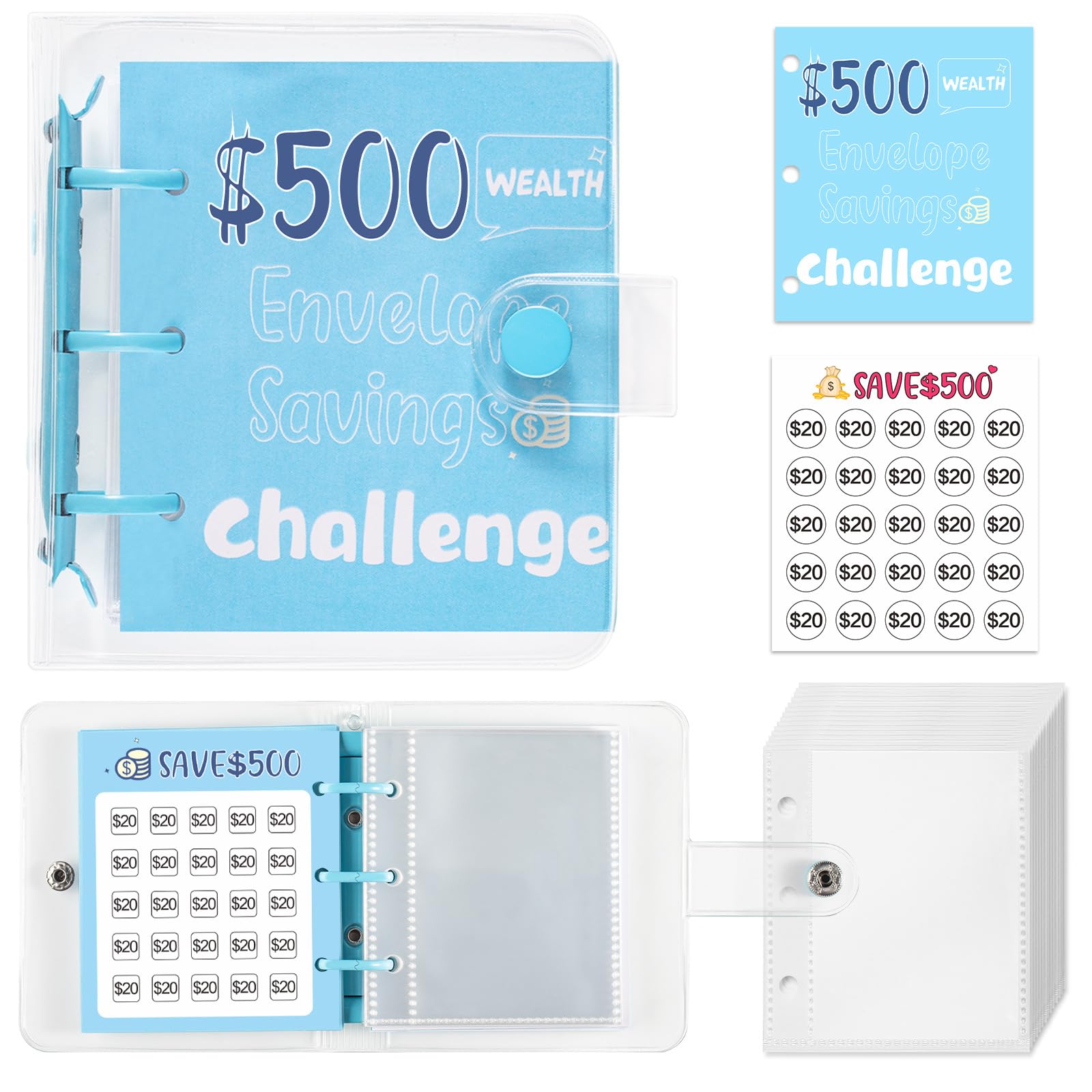 Drawelry Mini Money Saving Binder, 25 Cash Envelopes Money Saving Challenge Binder $500 $1000, Portable Savings Book Envelopes Stickers for Budgeting