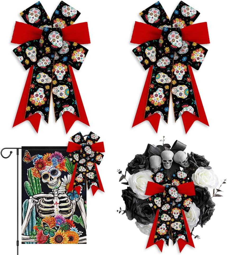 Hying 2PCS Day of The Dead Bows for Wreath, Red Black Dia de Los Muertos Wreath Bow for Mexican Party Supplies Halloween Sugar Skull Bow for Front Door Indoor Outdoor Wall Tree Topper Decorations