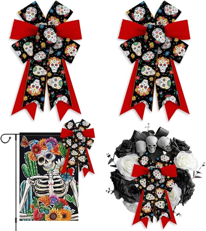 Hying 2PCS Day of The Dead Bows for Wreath, Red Black Dia de Los Muertos Wreath Bow for Mexican Party Supplies Halloween Sugar Skull Bow for Front Door Indoor Outdoor Wall Tree Topper Decorations