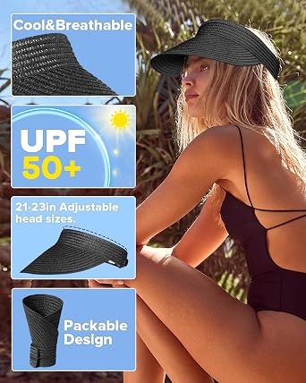 EW EastWater Beach Sun Visor Hats for Women, Wide Brim UPF50+ Sun Protection Straw Hat Packable Foldable for Summer