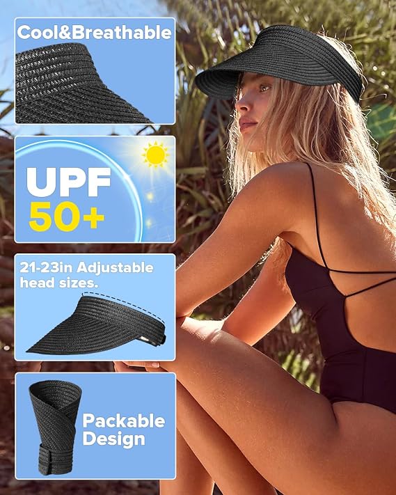 EW EastWater Beach Sun Visor Hats for Women, Wide Brim UPF50+ Sun Protection Straw Hat Packable Foldable for Summer