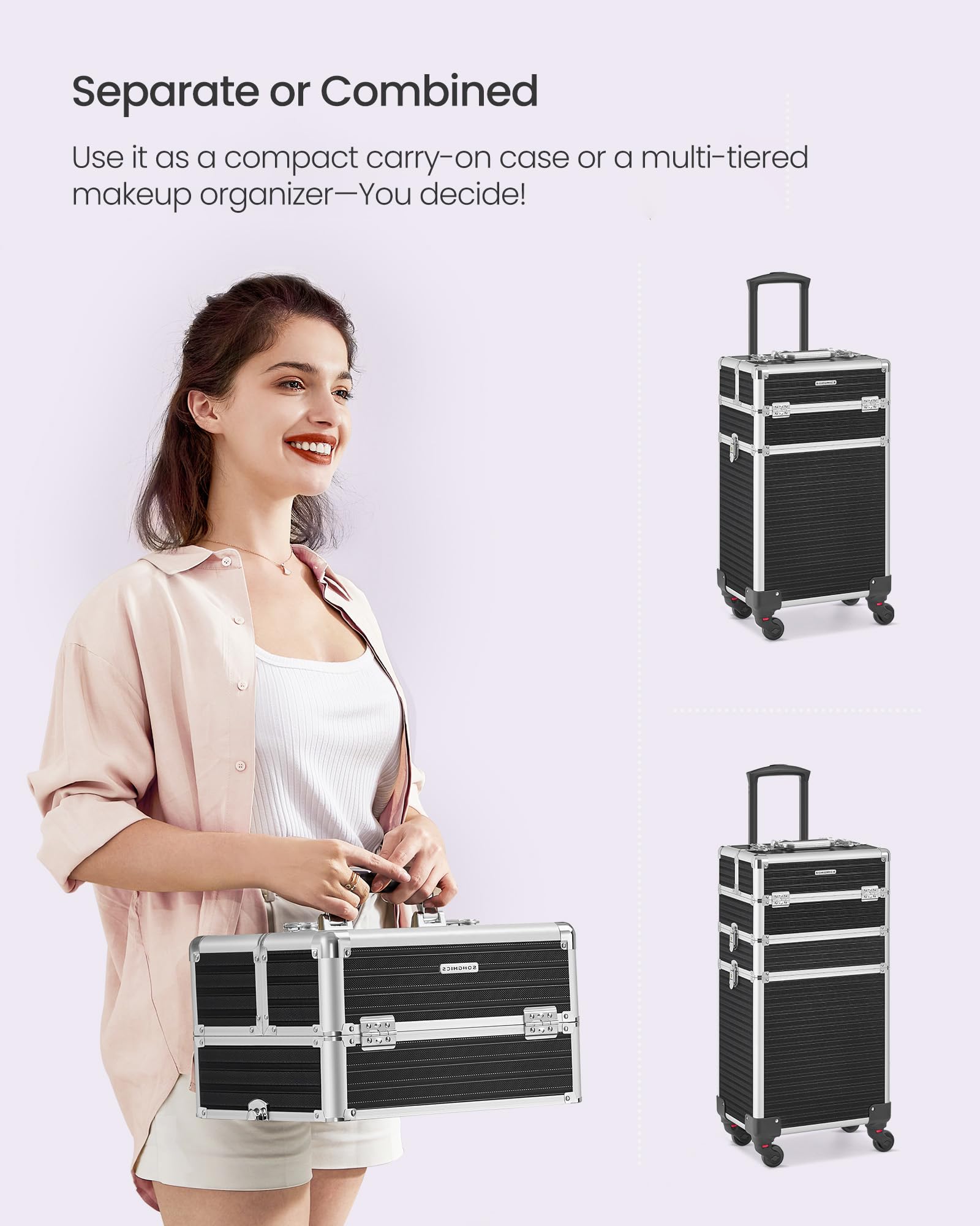 SONGMICS - Maletín de Maquillaje Profesional 3 en 1, maletín cosmético, bloqueable, Ruedas de 360°, para Viajes, manicura, maquillador, peluquería