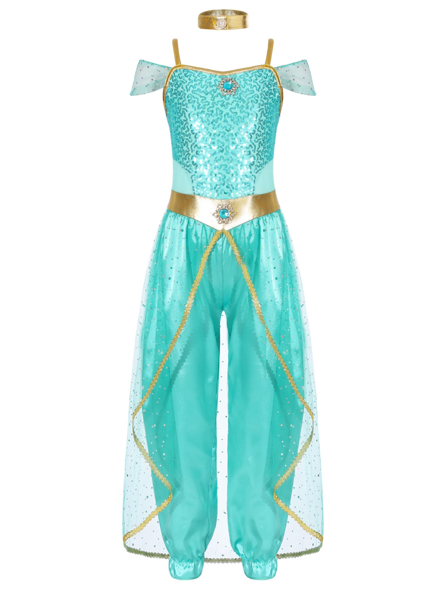 Fldy Kids Girls Arabian Princess Cosplay Costumes Arabian Fancy Dress Up Party Outfits for Halloween Birthday Party Light Green 9-10 Years