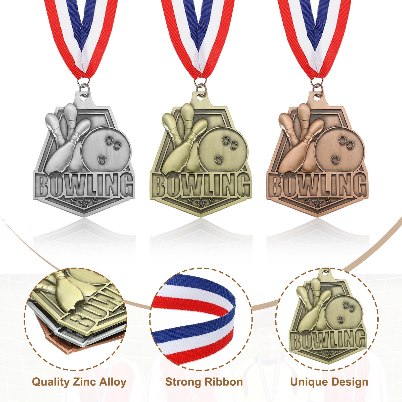 PATIKIL Medaglie d'oro, Argento e Bronzo Rilievo per Giochi Bowling con Nastri Rosso, Bianco e Blu, Medaglia di Bowlingo 9Pz Medaglie per Vincitori Premi Competizioni Oro/Argento/Rosso