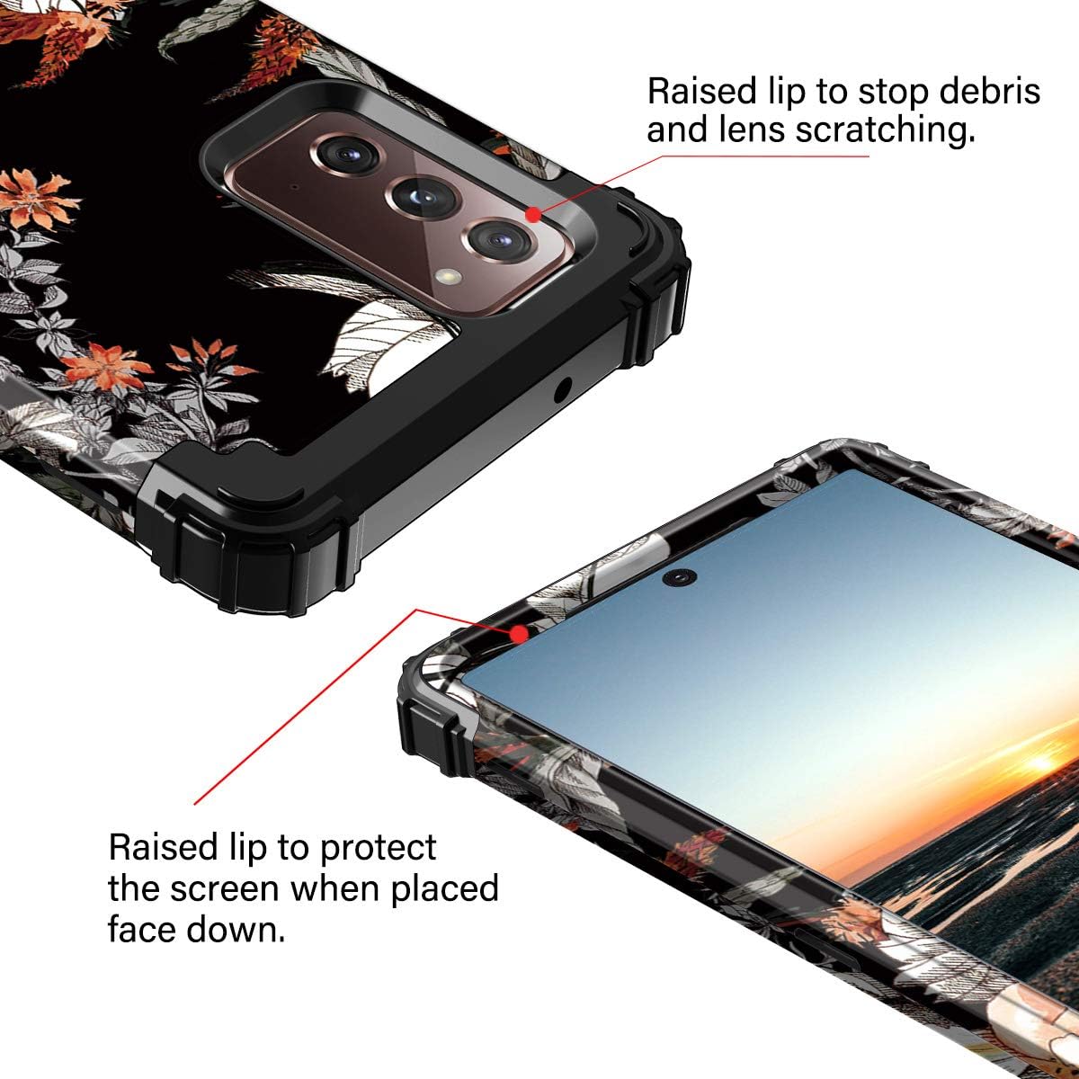 Casetego Compatible with Galaxy Note 20 Case,Floral Three Layer Heavy Duty Hybrid Sturdy Shockproof Full Body Protective Cover Case for Samsung Galaxy Note 20,Orange/Black
