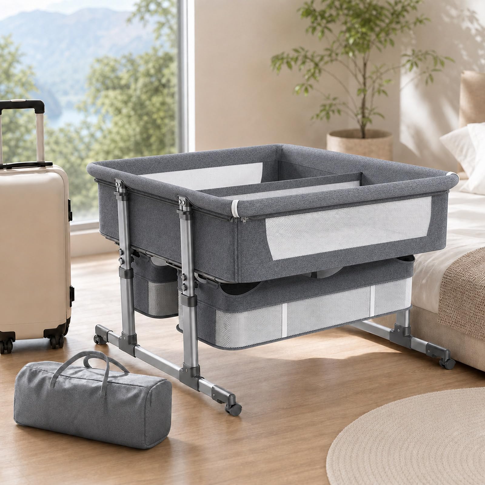Culla Neonato Lettino, Culla da viaggio doppia per neonati, Darkgray-B