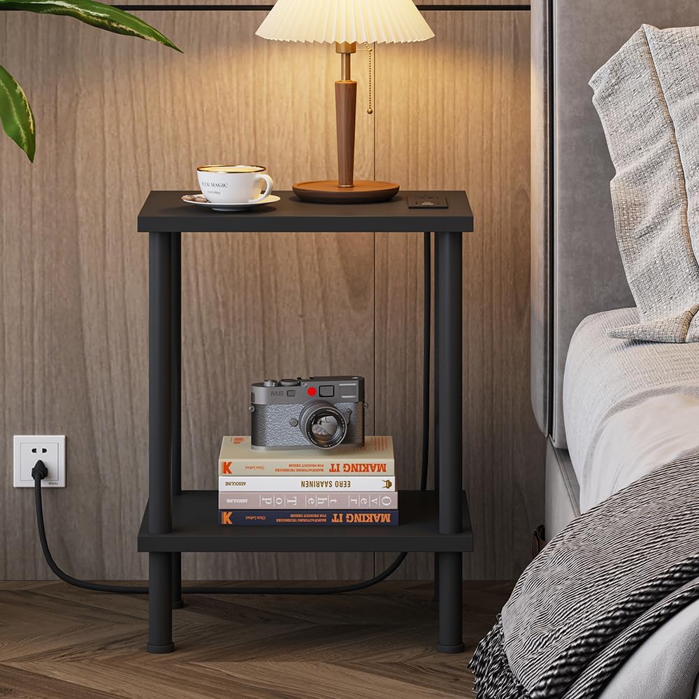 Side Table with Charging Station, Set of 2 End Tables with USB Port and Outlets, Nightstands with 2-Tier Storage Shelves and Metal Legs, Sofa Table for Small Space, Living Room, Bedroom UTBT105W2