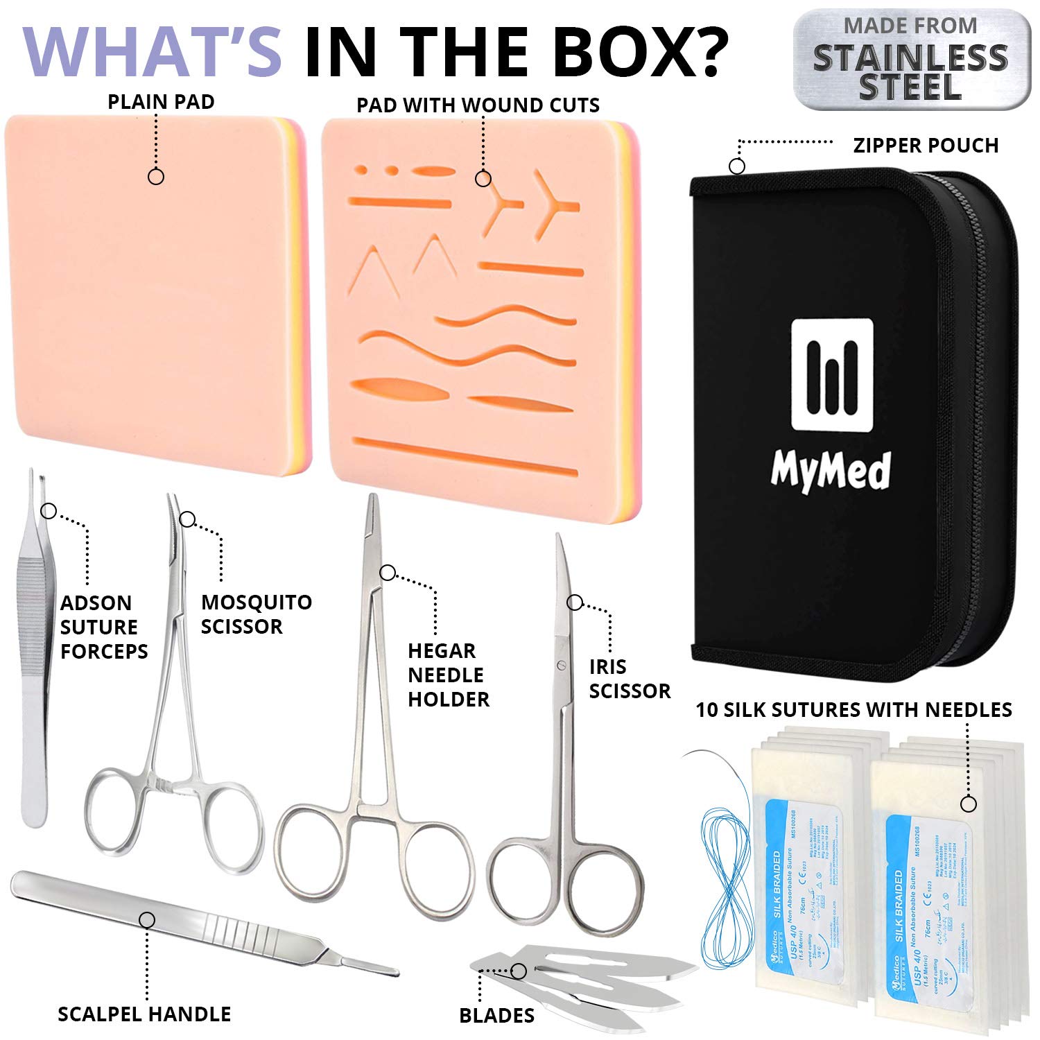 Complete Suture Practice Kit for Medical Students, Improved Stitches Kit Medical Including 2 x Large Suture Pads 1 x Plain, 1 x Pre-Cut, 5 Suture Tools, Surgical Practice Kit (Education Use Only)