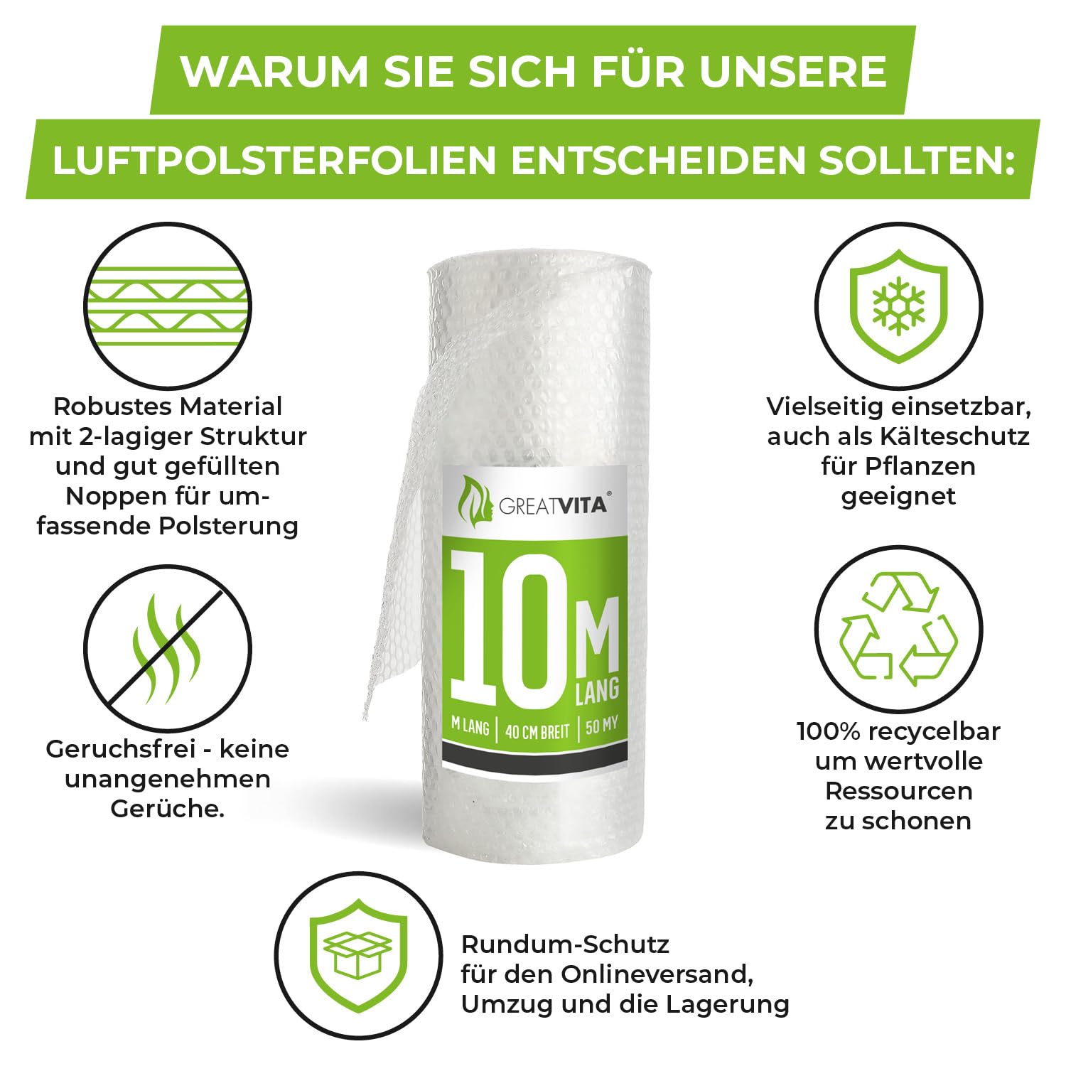 GreatVita 9x Luftpolsterfolie 40cm x 10m (50my) | Versand- und Verpackungsfolie für Umzüge | Schutzpolsterfolie für empfindliche Gegenstände | 100% recycelbar, Premiumqualität Noppenfolie Rolle