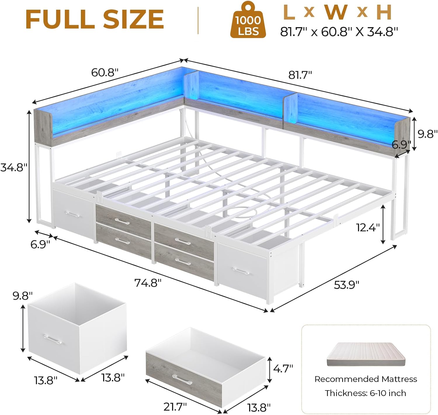 Detailed diagram showing the dimensions of the MSmask Full Size Corner Bed Frame, including length, width, height, and drawer sizes.