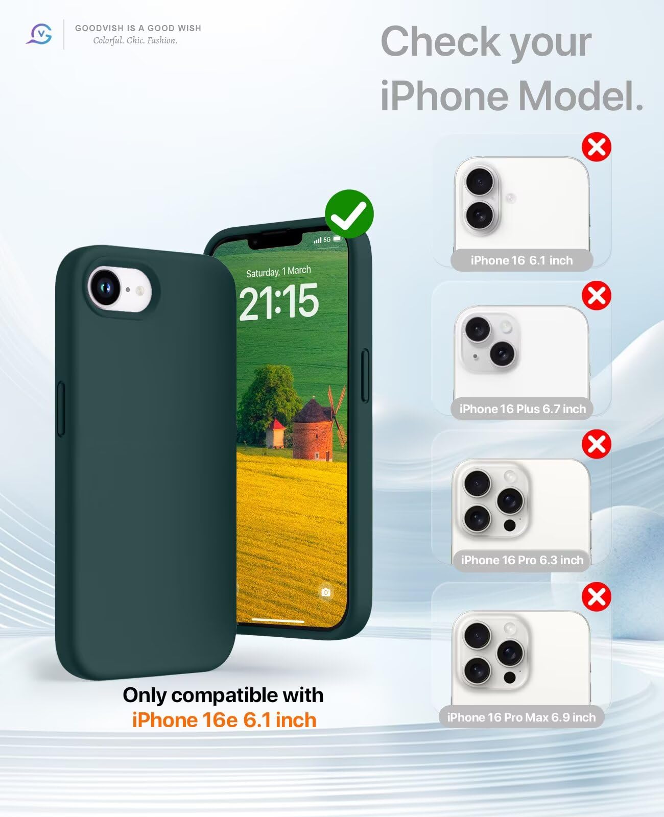 GOODVISH 3 in 1 Silicone Cover per iPhone 16e 6.1", Custodia con 2 Pellicola Vetro Temperato [Protezione Fotocamera] Protezione Anticaduta Case per Cellulare Antiurto Resistente, Verde Scuro