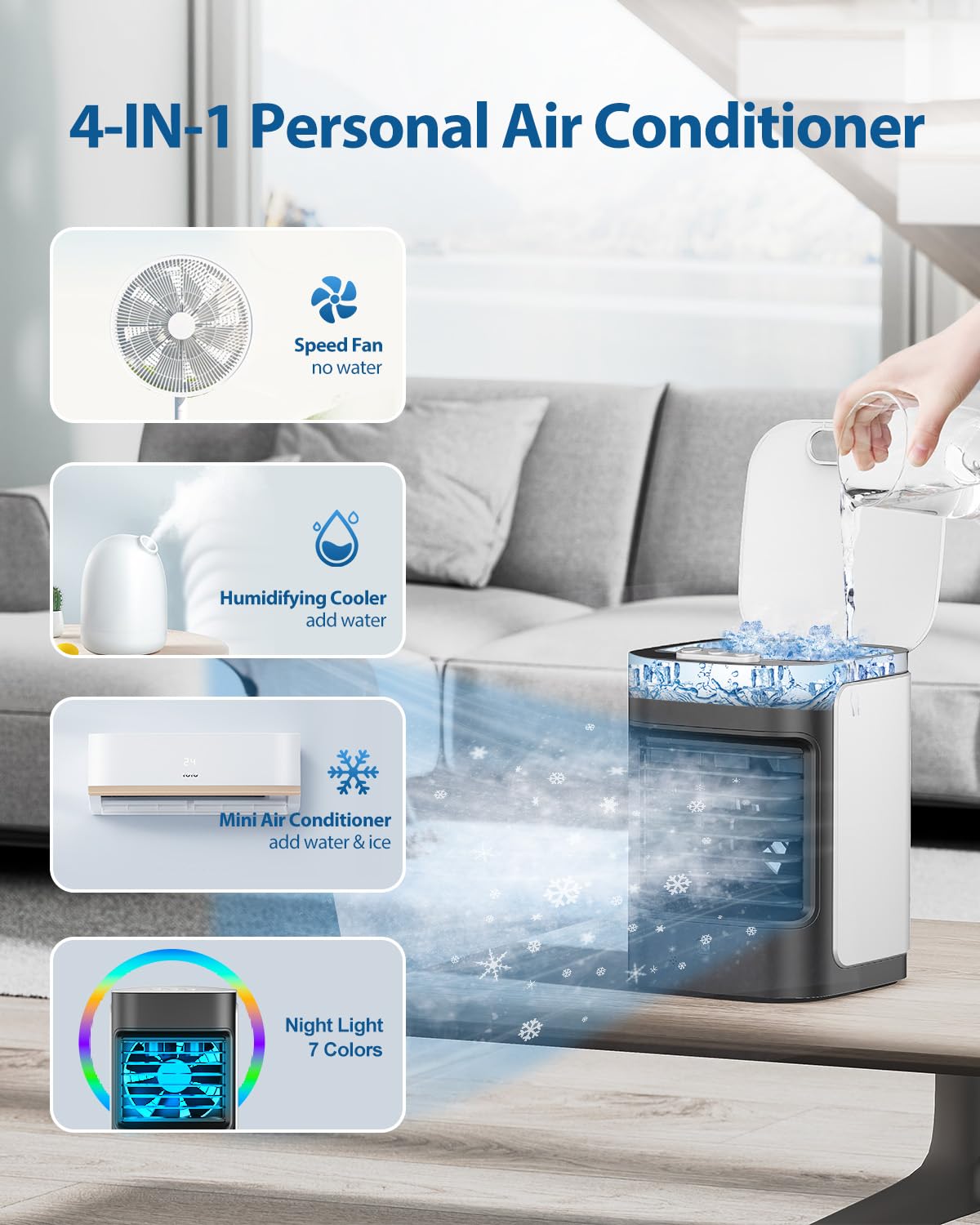 Aire acondicionado portátil, aire acondicionado personal para habitación, unidad de aire acondicionado portátil con oscilación de 100°, mini aire acondicionado alimentado por USB para tienda de 2