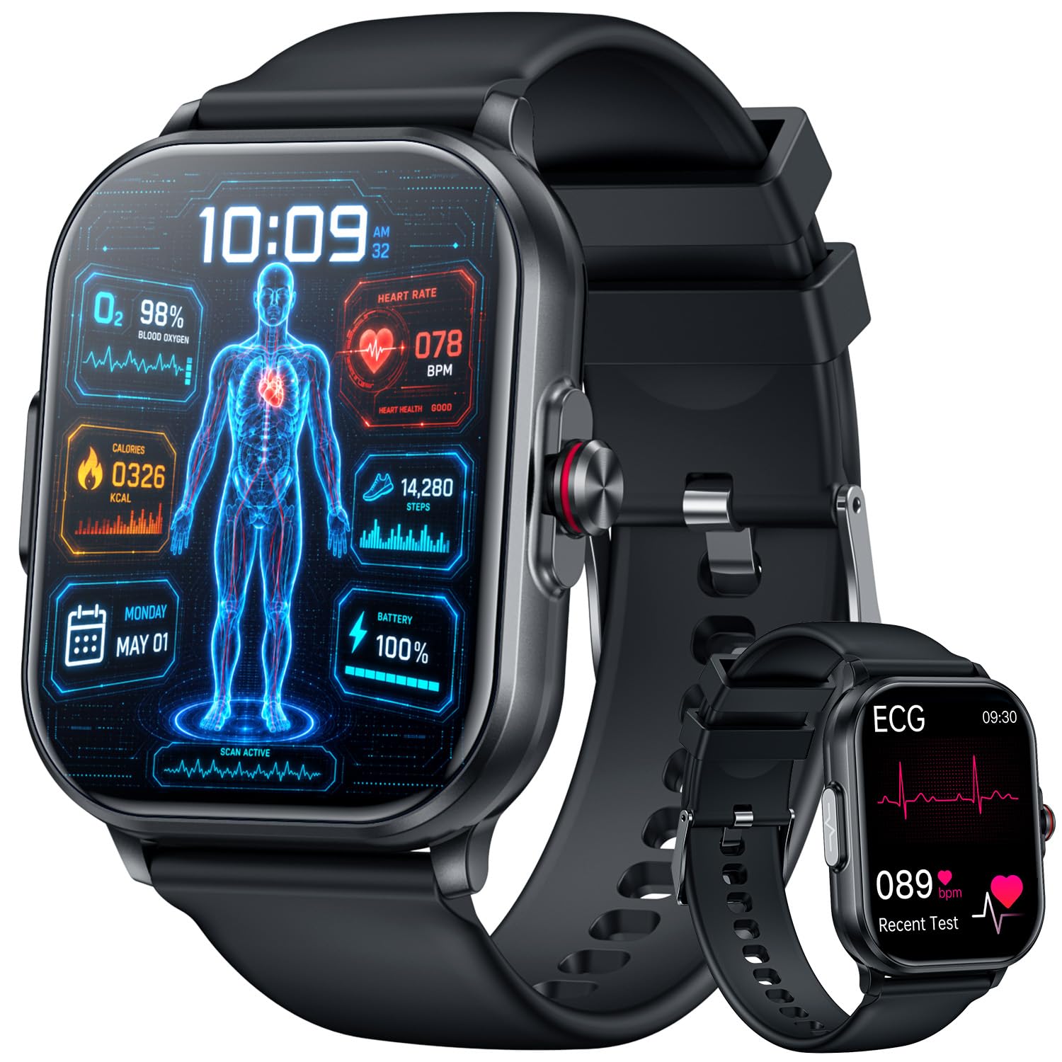 Reloj Inteligente Hombre con ECG+HRV: 2.01" HD Llamadas Smartwatch con Pulsómetro Monitor Presion Sueño 100+ Modos Deportivos Smart Watch Podómetro Pulsera Actividad IP68 Impermeable para iOS Android