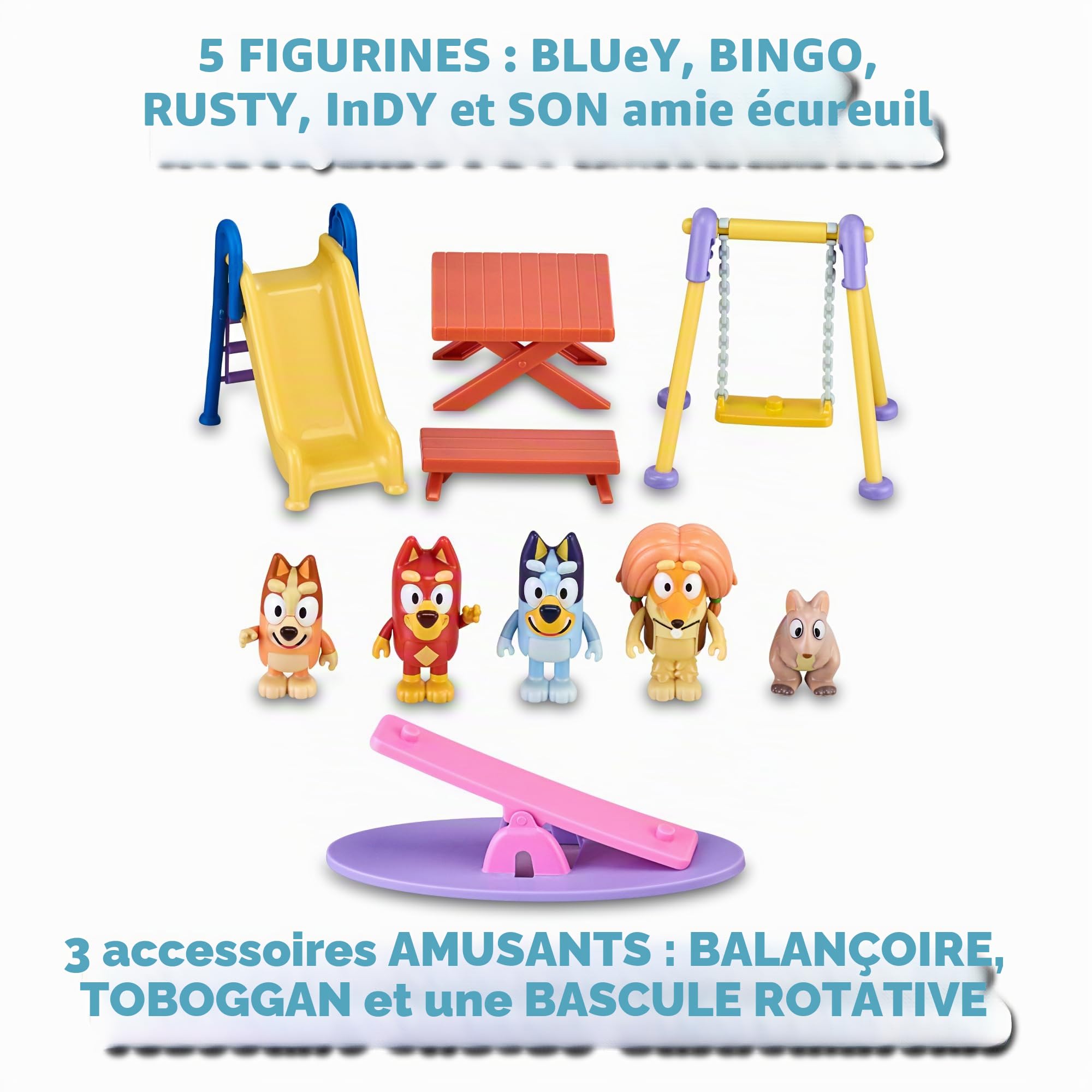 Bluey - Parc, Playset de Jeux avec 5 Personnages de la Série et Accessoires du Parc, Balançoire, Toboggan, balançoire et Table de Pique-Nique, garçons et Filles +3 Ans, Célèbre (BLY51000)