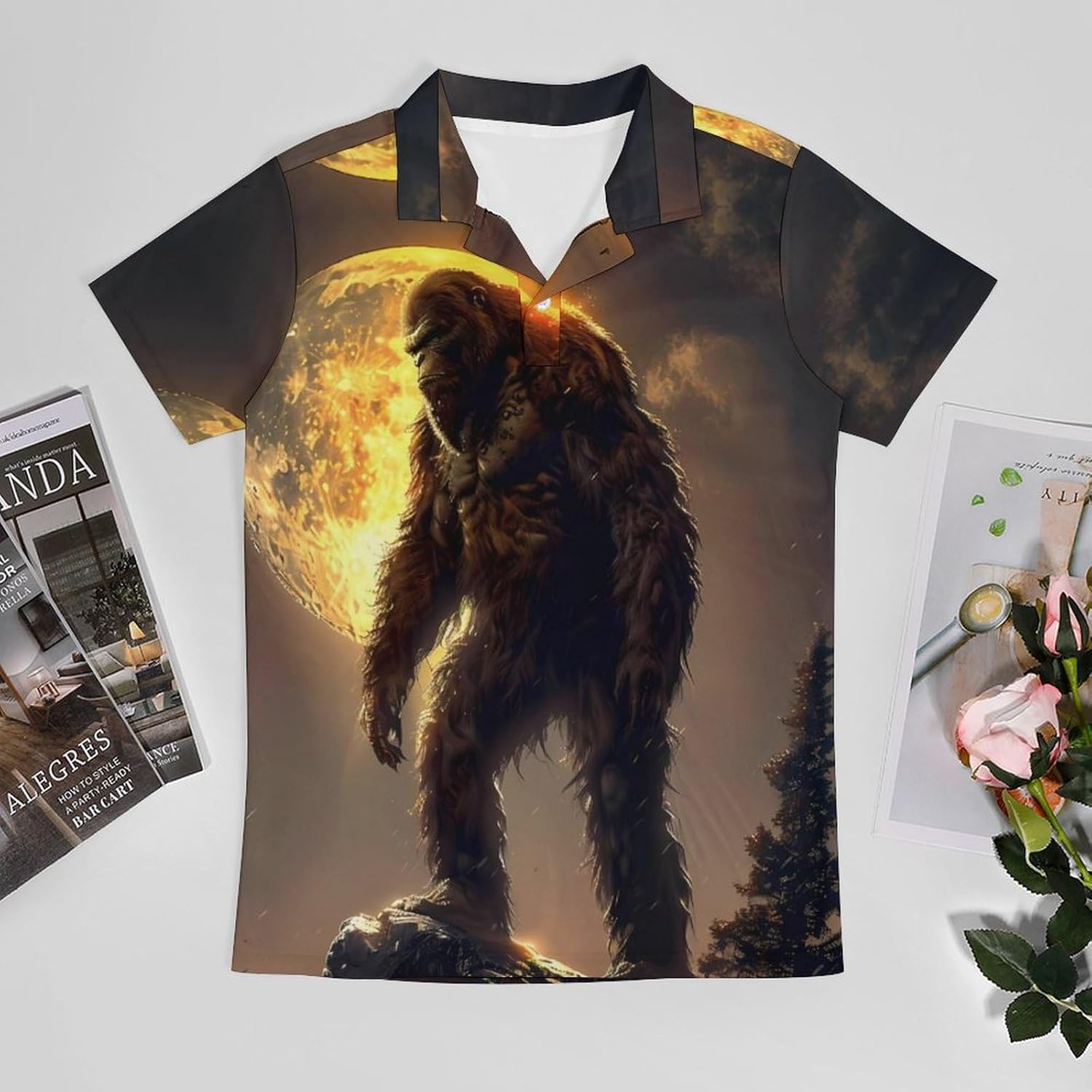 Bigfoot Moon Sasquatch Novelty Men's Short Sleeve Shirt Golf Tennis Shirts Work T-Shirt Sport Tee