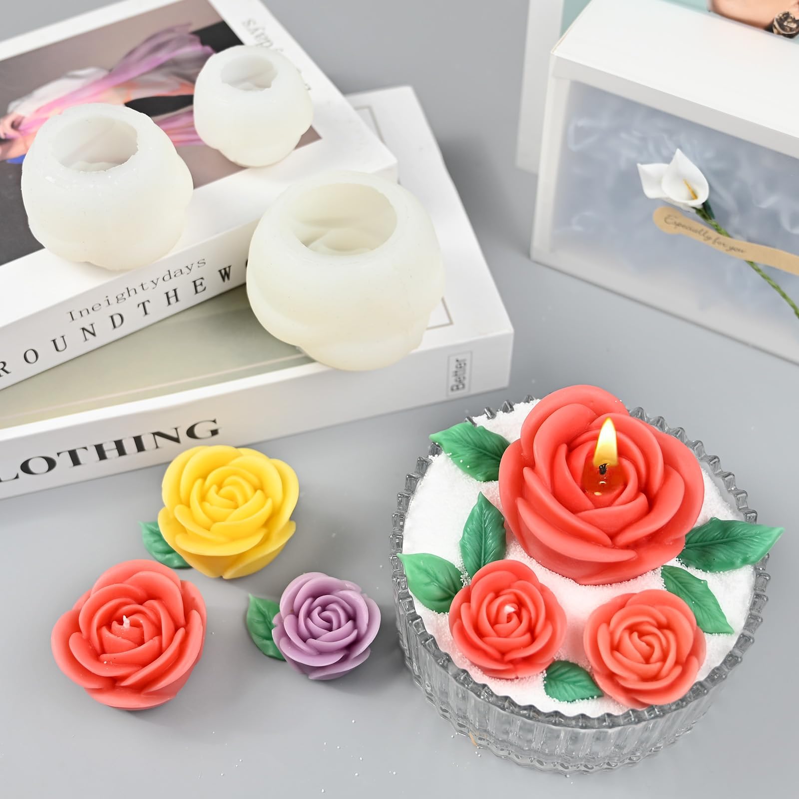 Set Stampi in Silicone per Candele Rosa 3D, 4 Pezzi con in Silicone Fiori Grandi, Medi e Piccoli + Stampo Foglie, Stampi per Candele, Resina, Cera, Stampo Fiori e