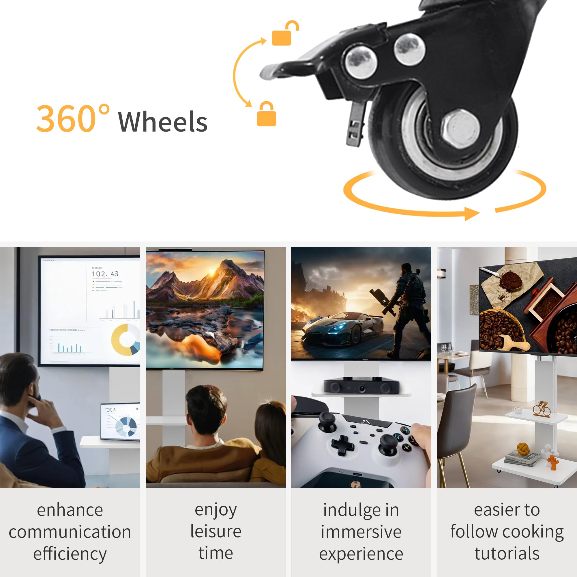Rollender TV-Ständer mit Ablage für 32-75 Zoll LCD LED OLED Plasma Flach/Curved Panel Bildschirme, TV-Wagen für Wohnzimmer, Schlafzimmer, Büro, Holzregal, Weiß