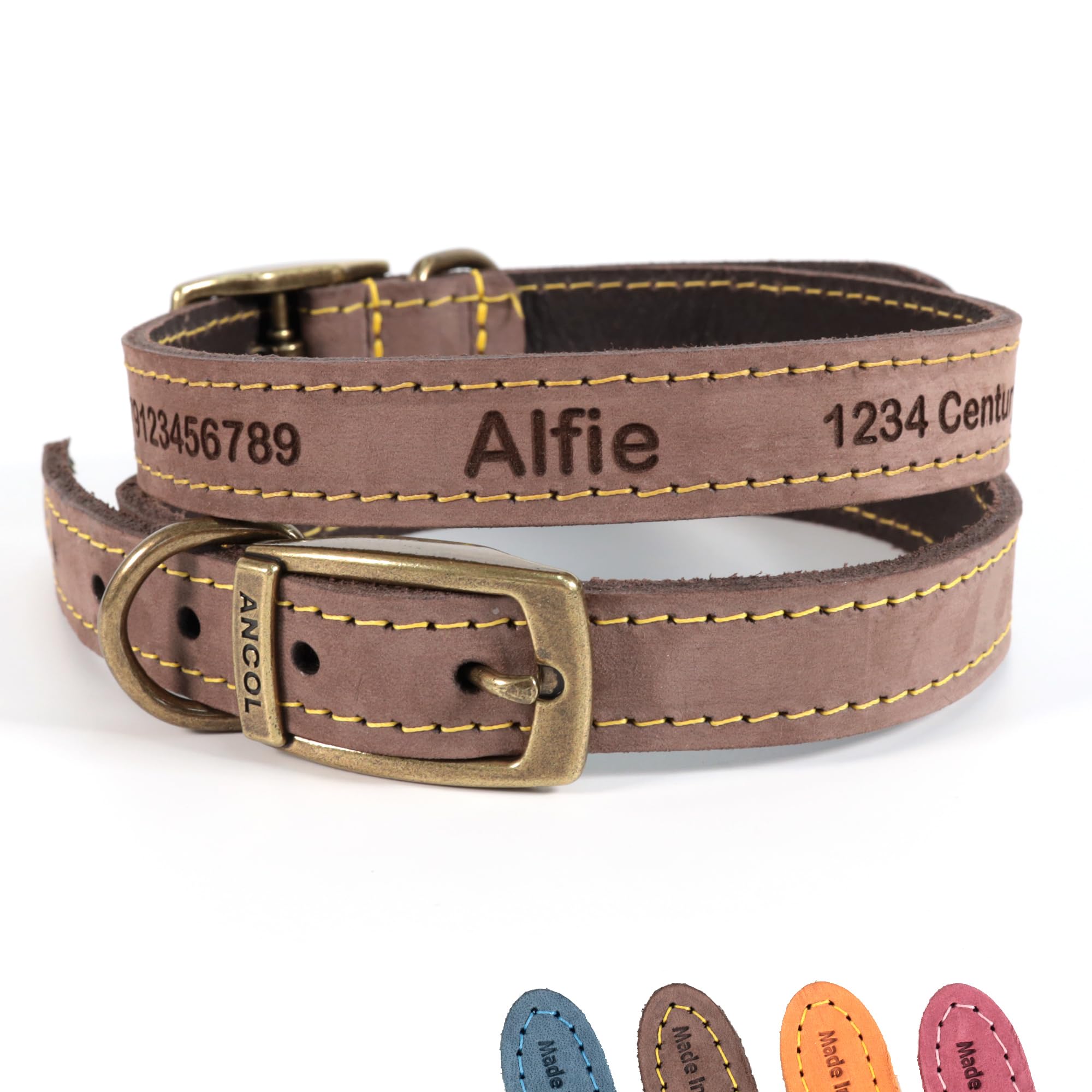 Collar Personalizado de Cuero para Perros + Correa Opcional | Grabado con láser - Marrón, tamaño 1