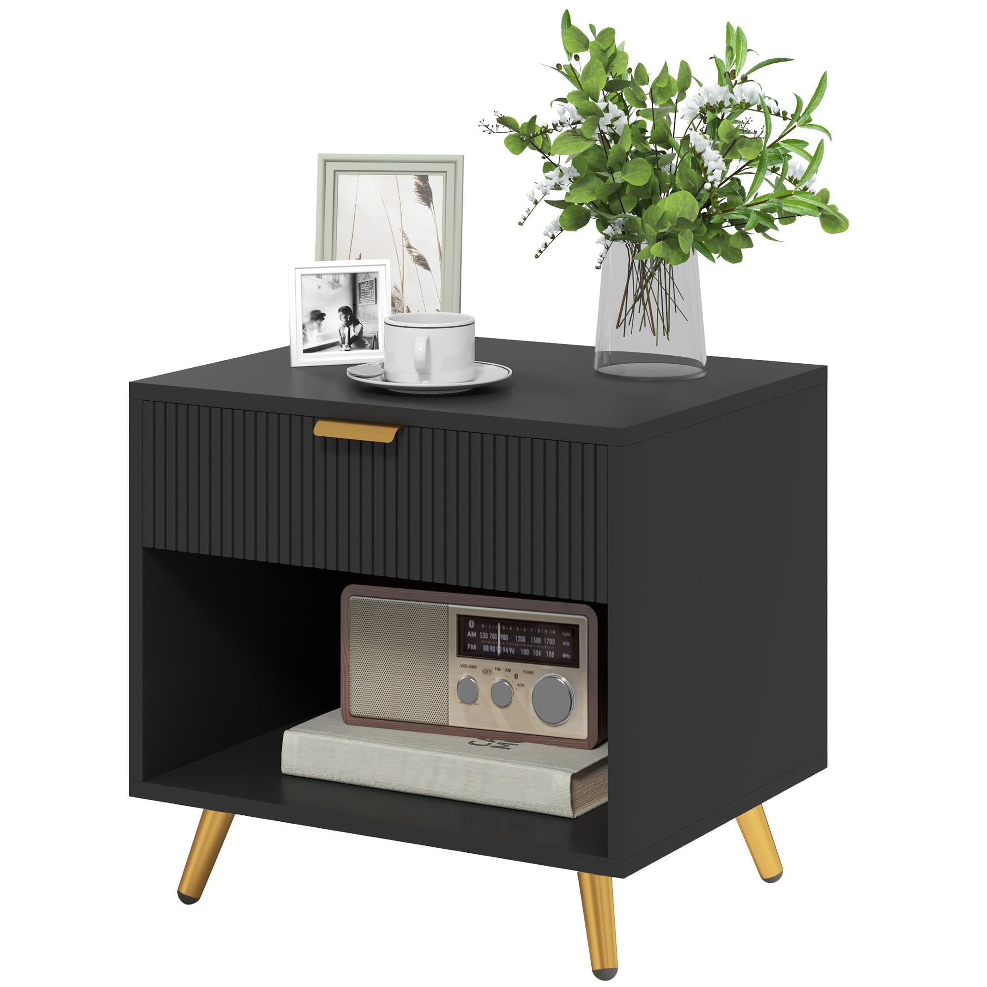 HOMCOM Bedside Table, Bedside Cabinet With Drawer and Open Compartment, Nightstand With Handle for Bedroom, Living Room, Black