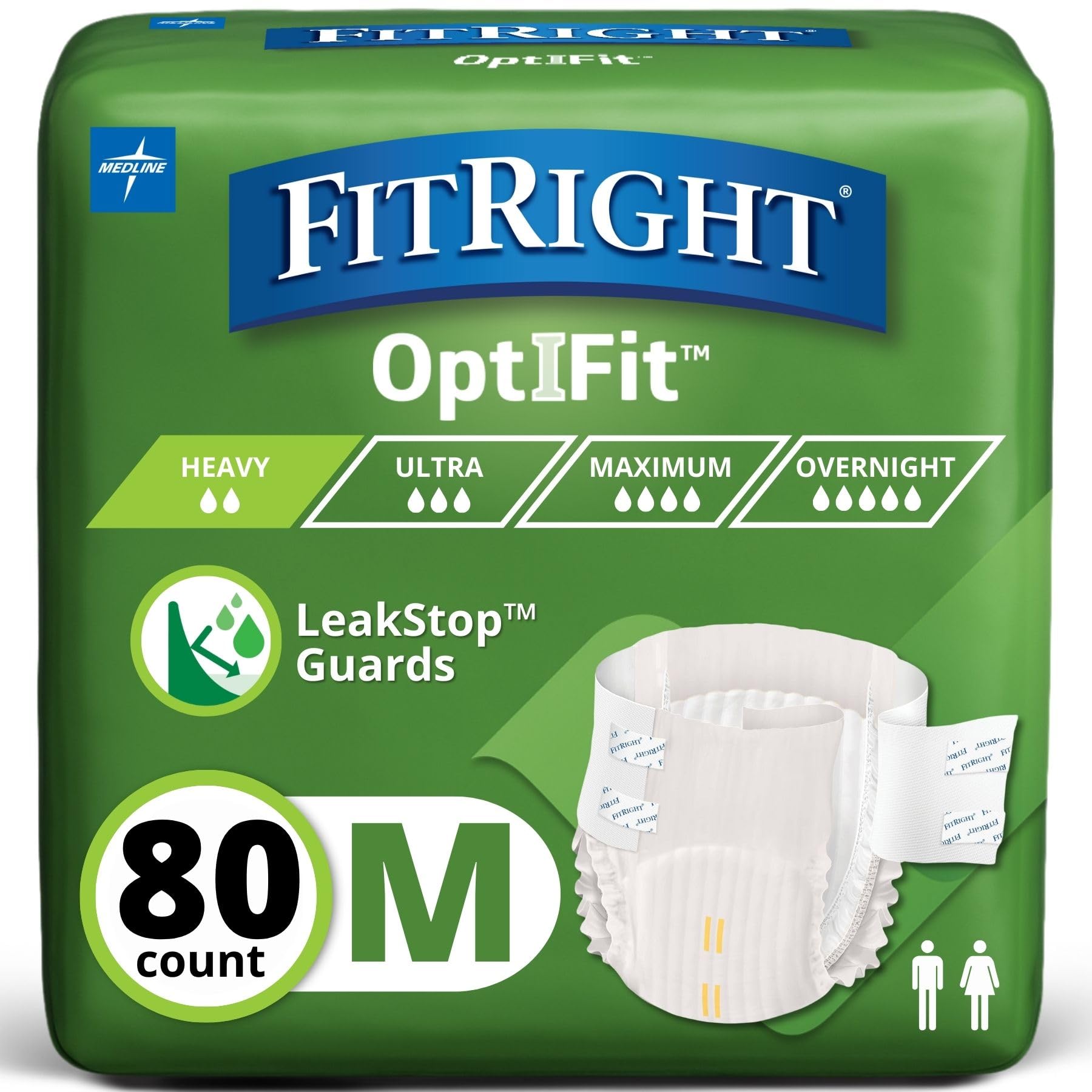 FitRight Adult Diapers, Extra+ Heavy Absorbency, M (Waist Size 32in-44in), 80 Count, OptiFit Incontinence Briefs for Men and Women, Disposable, Moisture-Wicking, Leak Protection,