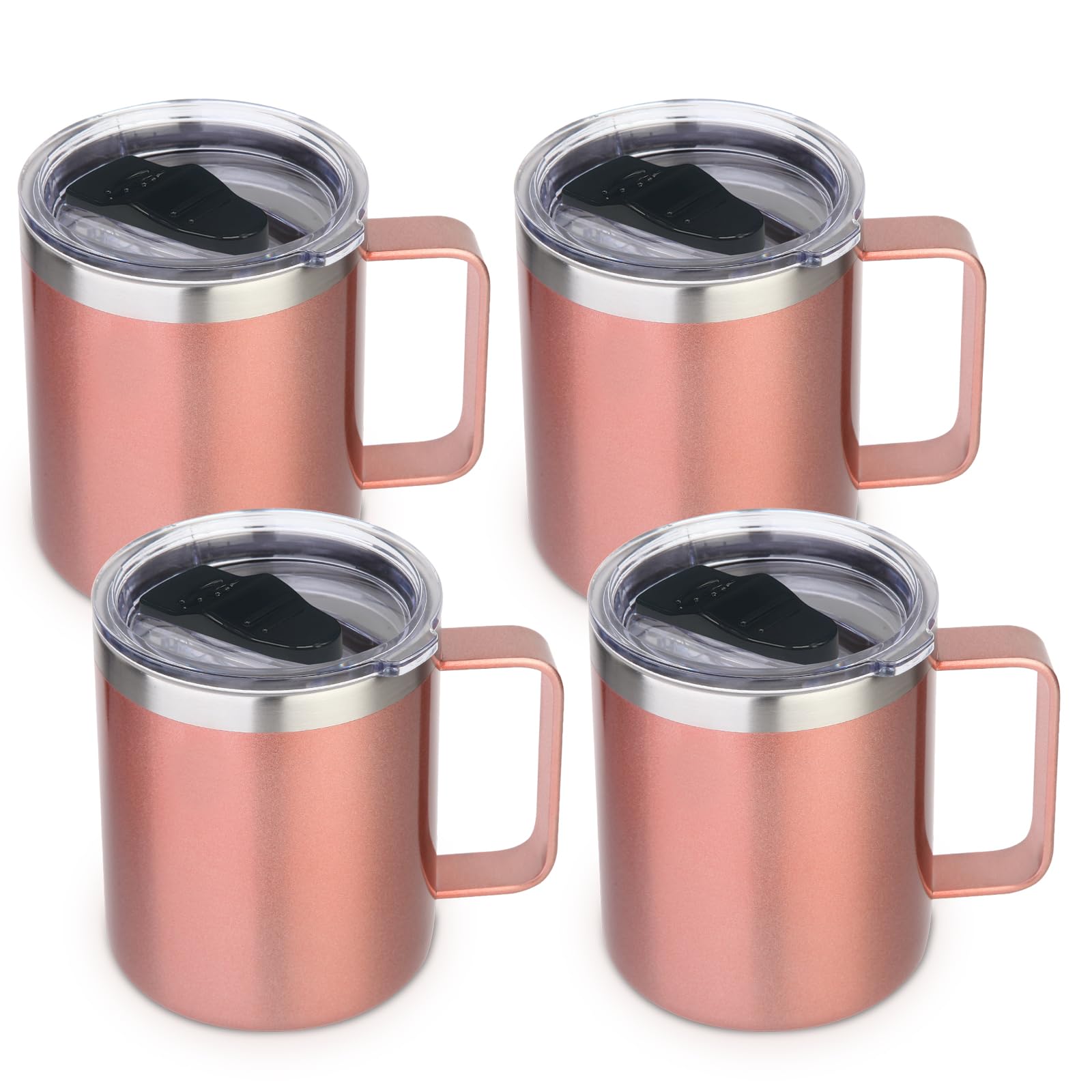 Volhoply 14oz Insulated Stainless Steel Coffee Mug with Lid Bulk 4 Pack,Double Wall Vacuum Travel Coffee Cup with Handle,Reusable Metal Tumbler Cup,Camping Mugs Keep Hot,Christmas Gifts(Rose Gold,4)