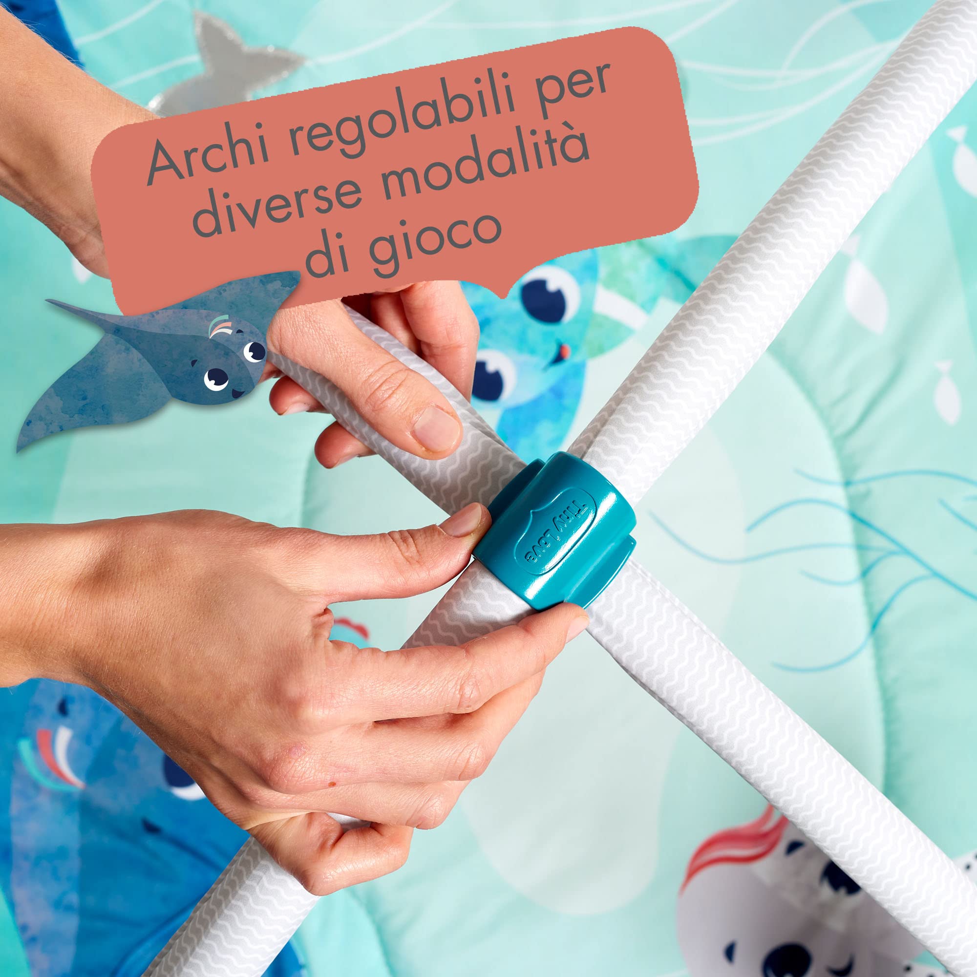 Tiny Love Il mondo sottomarino Palestrina Musicale, palestrina neonato multifunzione, giochi sensoriali sonori e tattili, musiche integrate e contenuto multimediale, collezione Treasure the Ocean