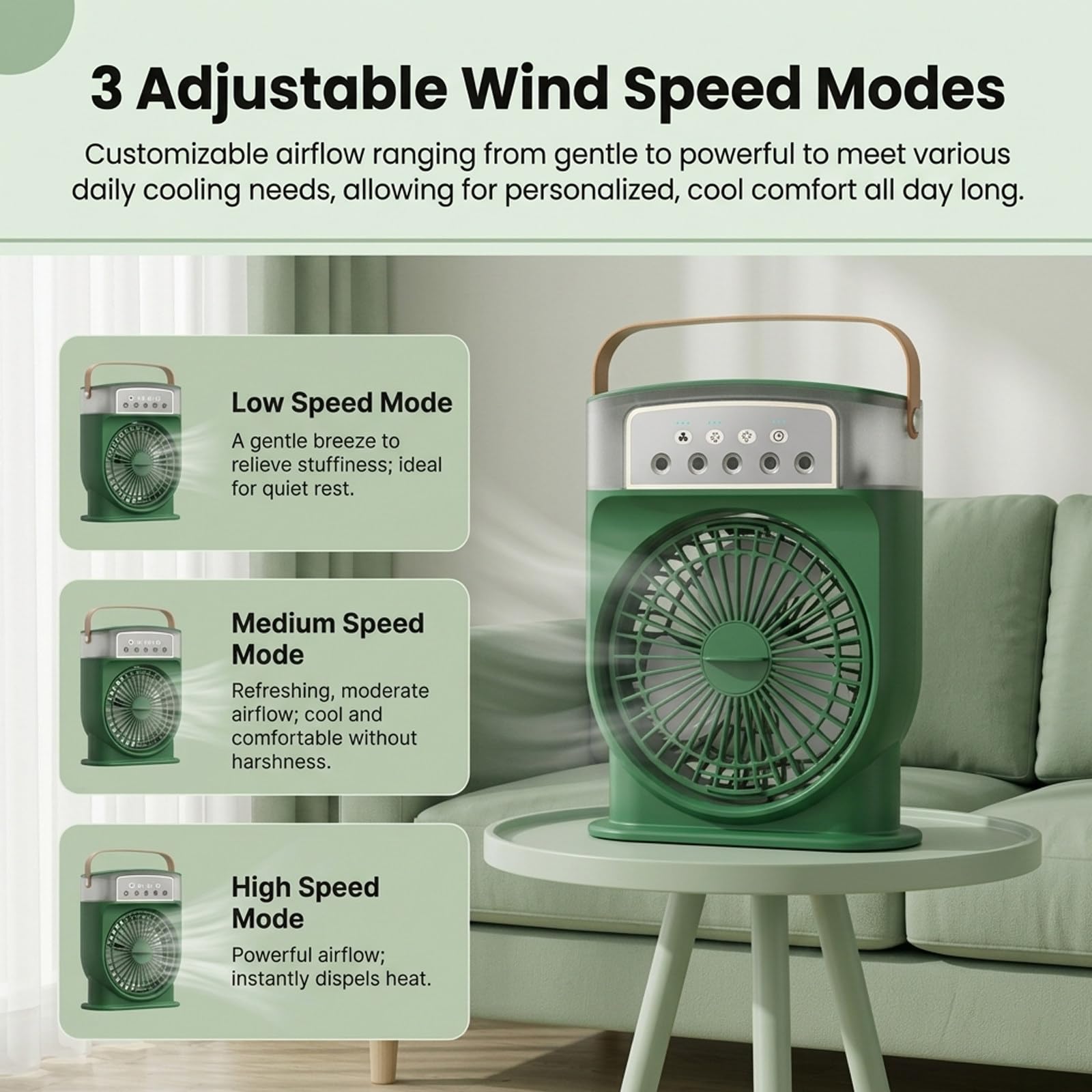 Ventilateur Brumisateur Portable Rechargeable Green | Réservoir D’Eau 600mL, Refroidissement À 3 Vitesses, Design Alimenté Par Batterie, Pour Camping Extérieur Maison Bureau