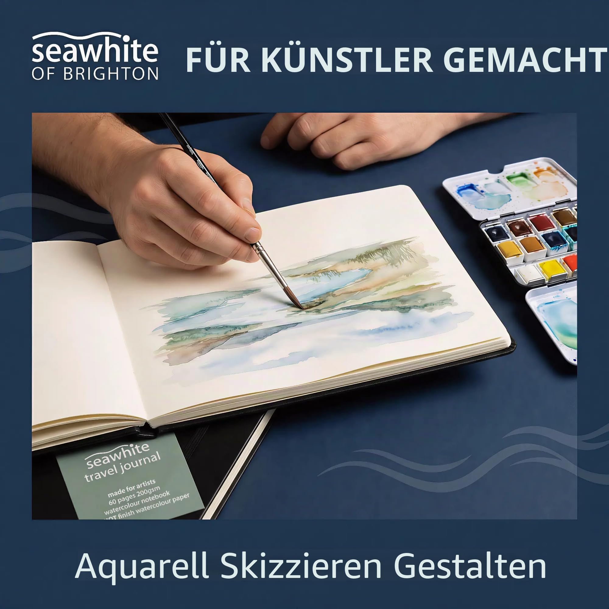 Seawhite Reisetagebuch, quadratisch, Aquarellfarben, 14 x 14 cm