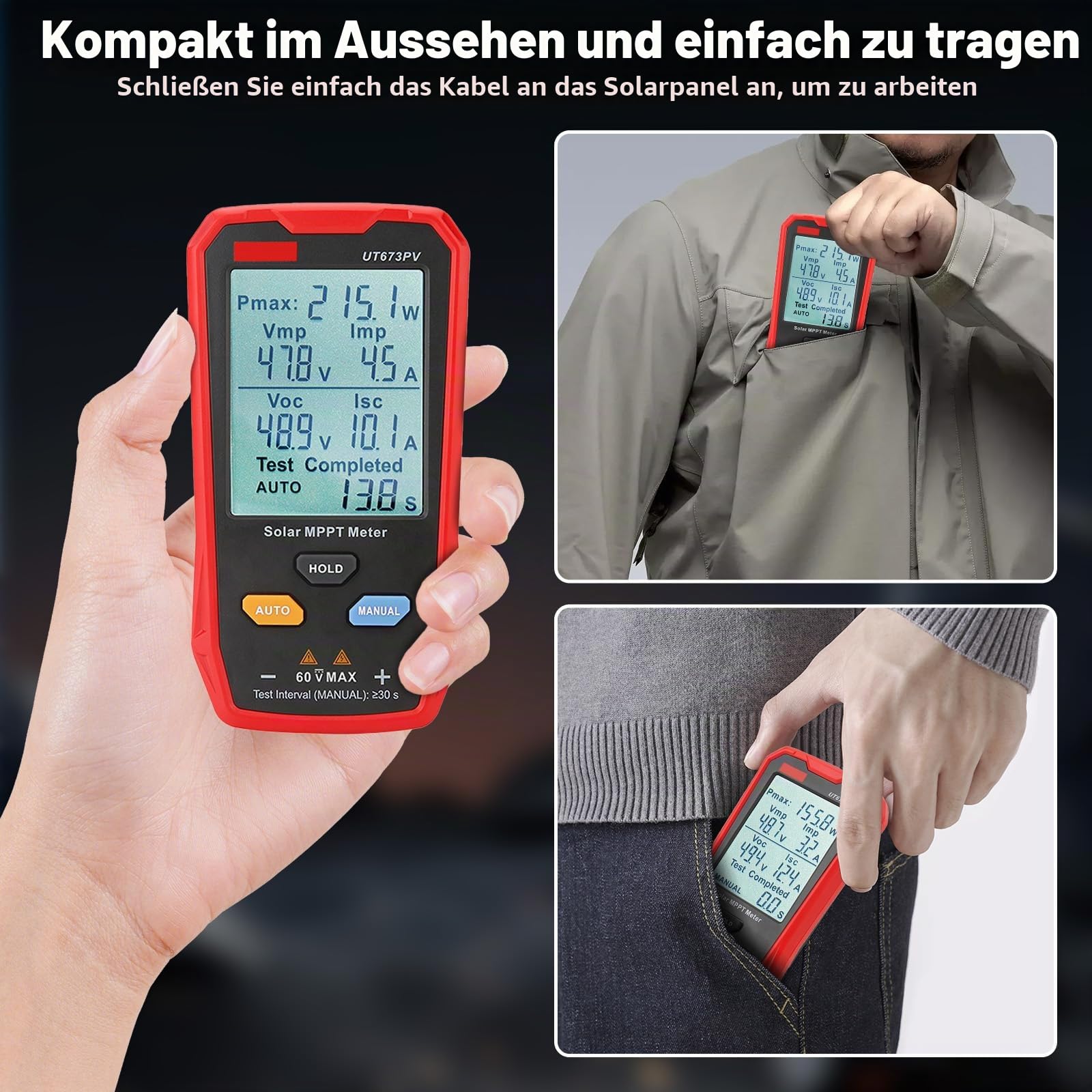 Solarpanel Tester - 800W Photovoltaik Multimeter mit Großem Ultraklarem LCD, Solar MPPT Messgerät, Einfach zu transportieren, benutzerfreundlich, Datentest für Photovoltaikmodule