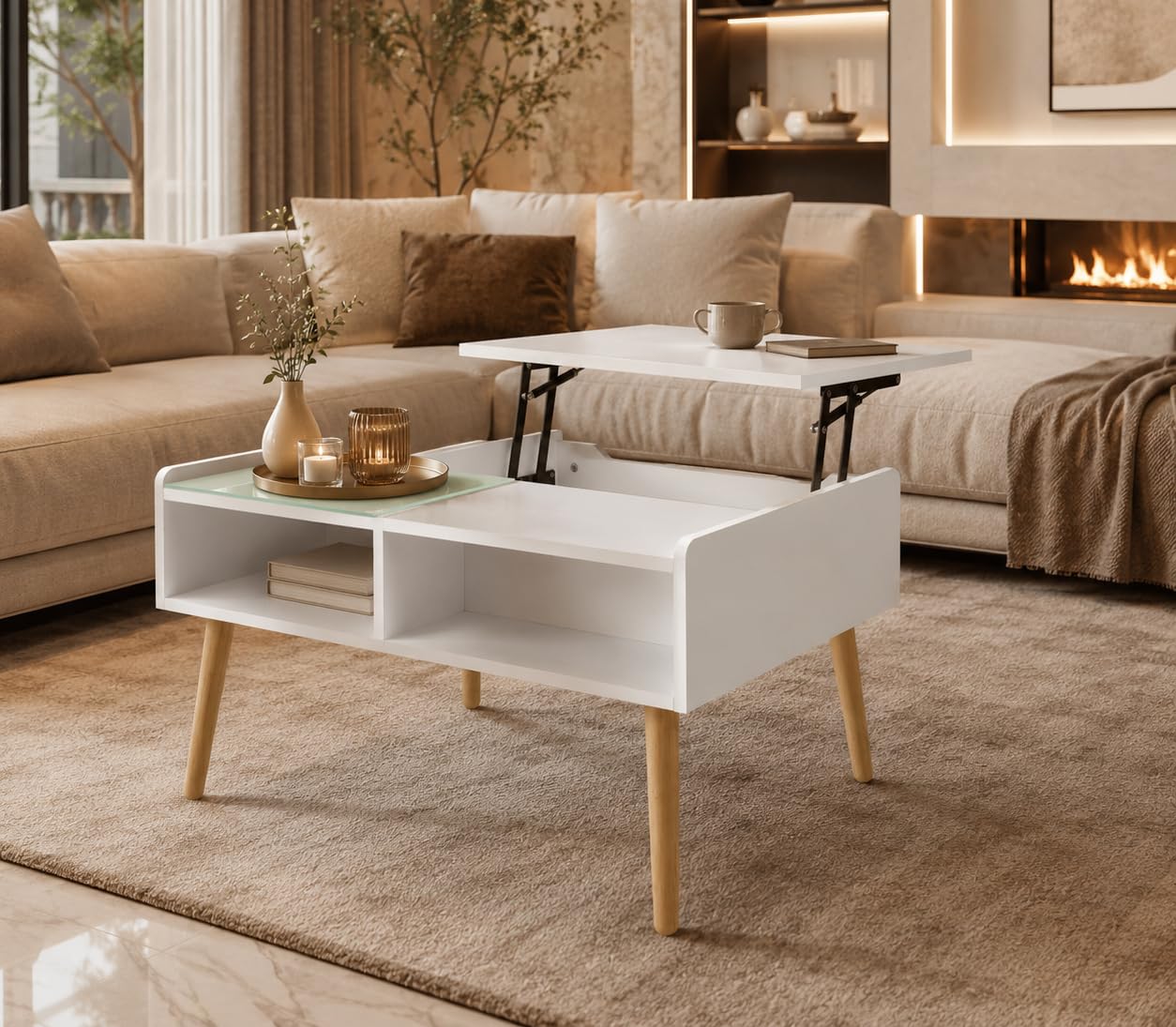 Couchtisch Wohnzimmertisch ausziehbar - mit höhenverstellbarer Platte und verstecktem Stauraum Sofatisch Kaffeetisch Beistelltisch - Fernsehtisch aus Holz und Glas Wohnzimmer Möbel Tisch Weiß