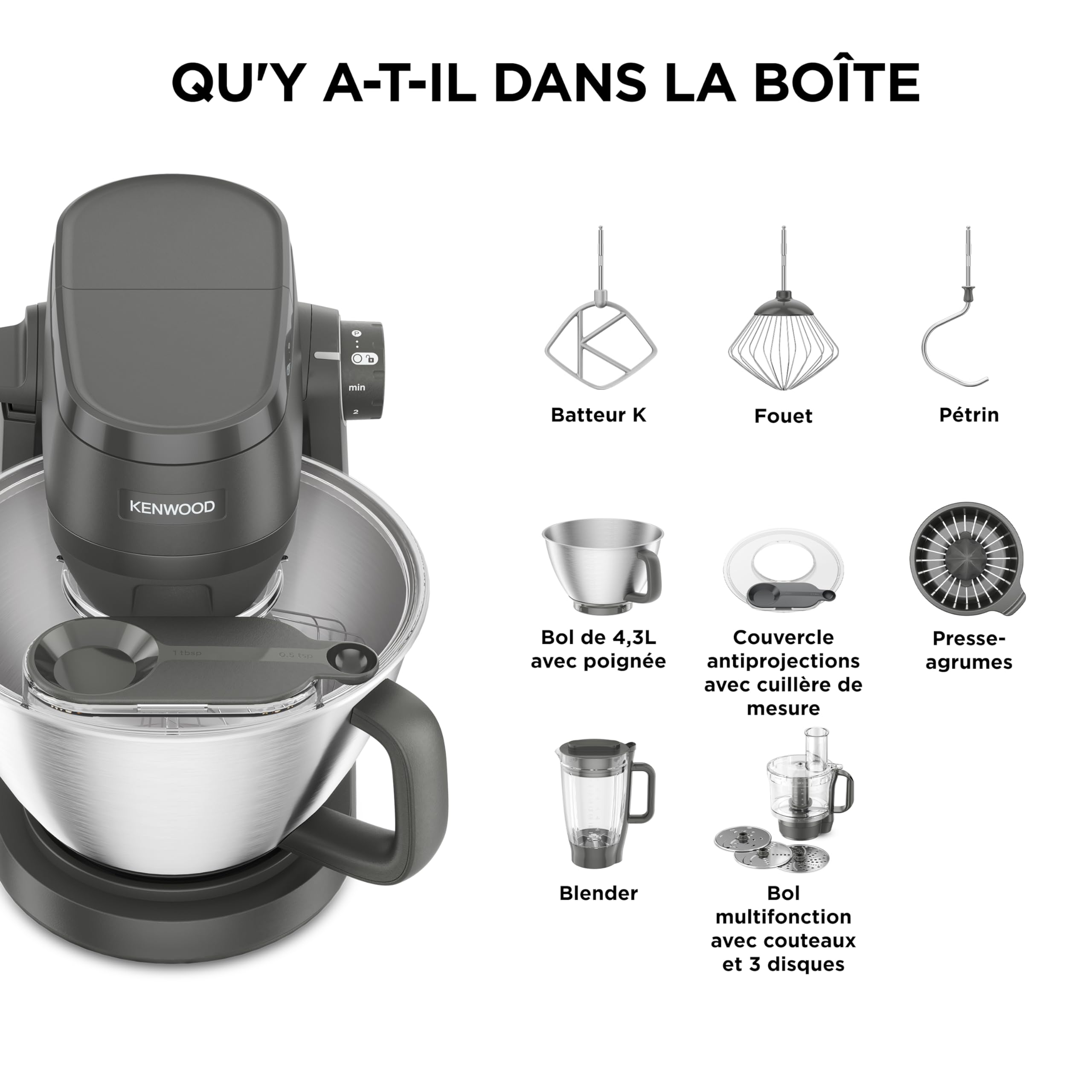 Kenwood Multi Tasker Mixeur multifonctionnel avec mixeur et robot culinaire, robot de cuisine, pâte 1,7 kg pour pain et pizza, dosseret gris (KHC30.050GY)