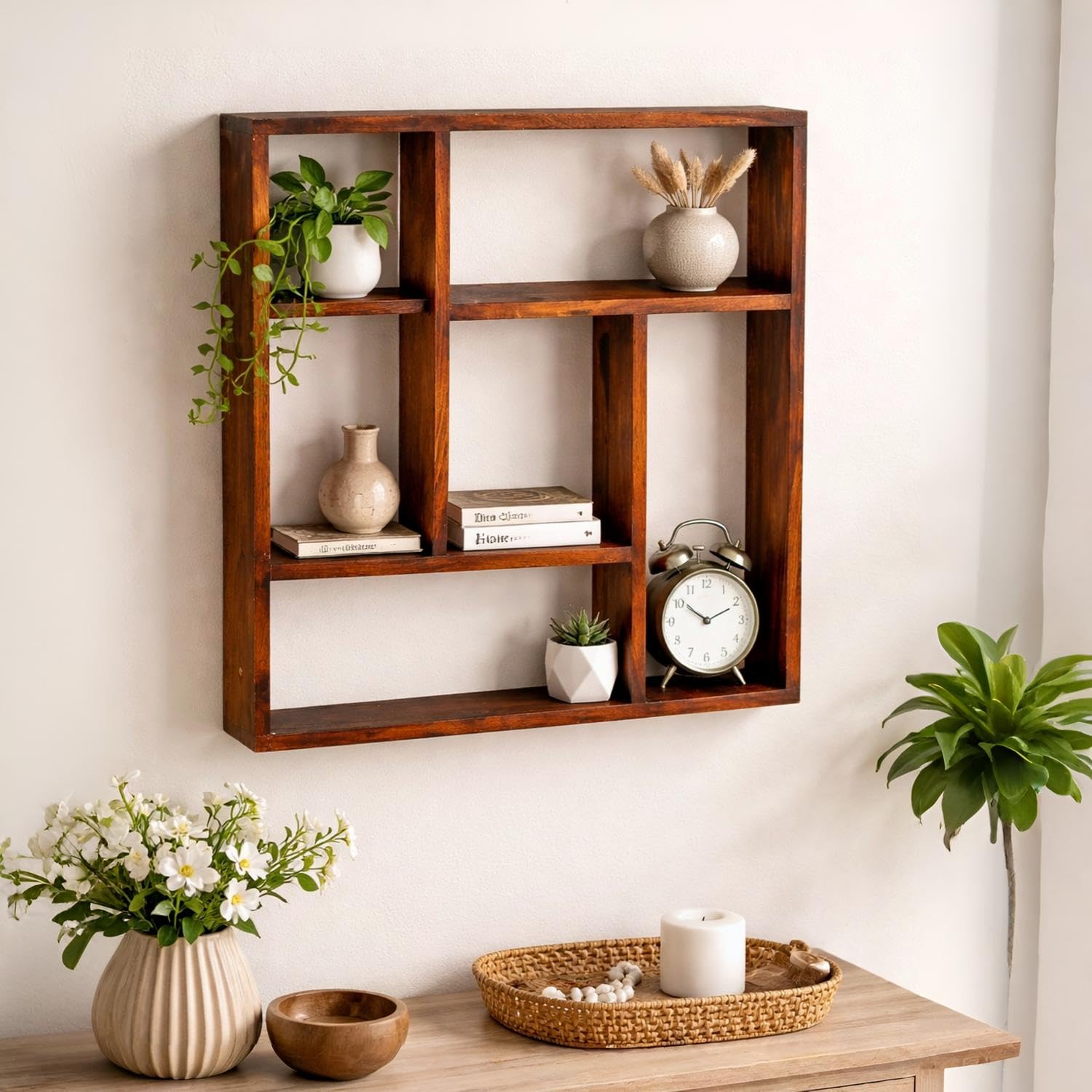 Solid Sheesham Wood Wall Hanging Shelf 58x10x58 cm in Honey Finish